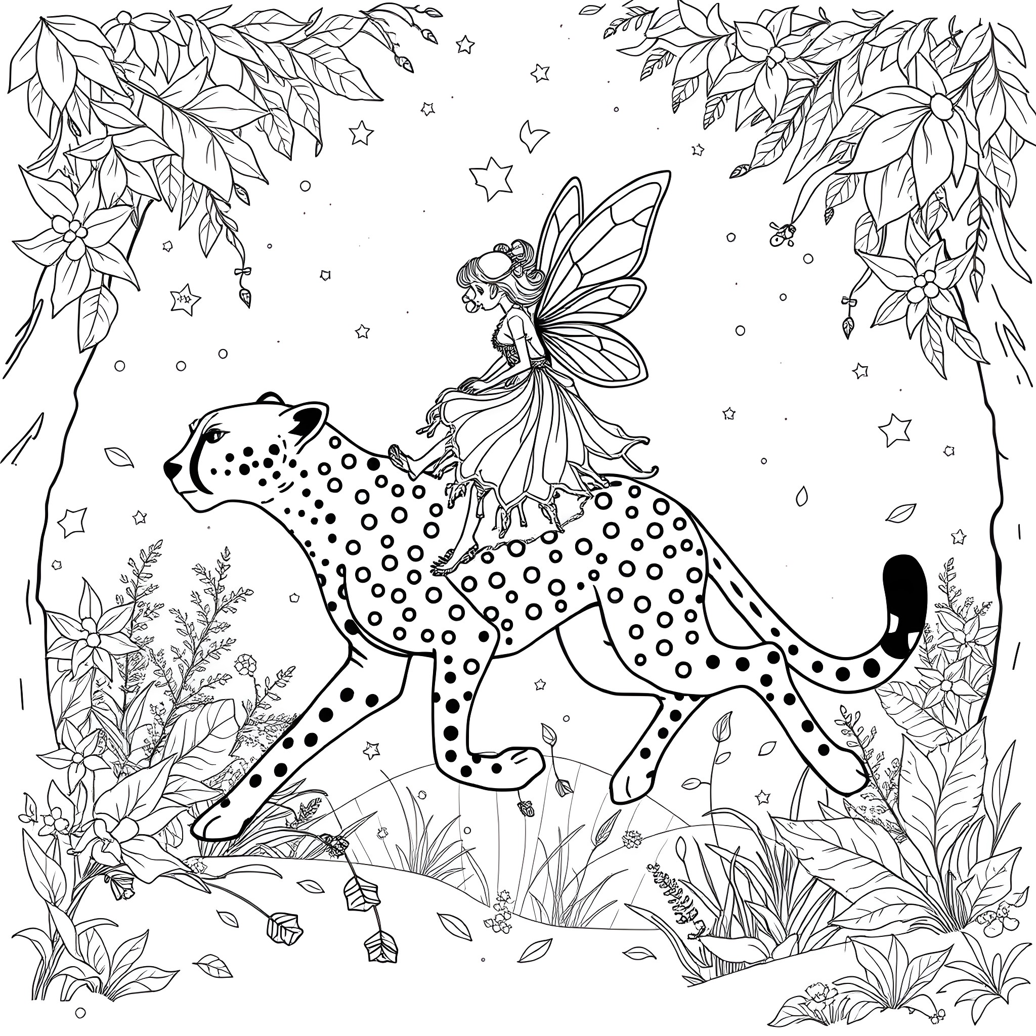 Fairy riding a spotted leopard in the enchanted forest Coloring Page (free black-and-white line drawing printable PDF for all, from beginners to advanced learners, including children, teens, adults, and seniors)