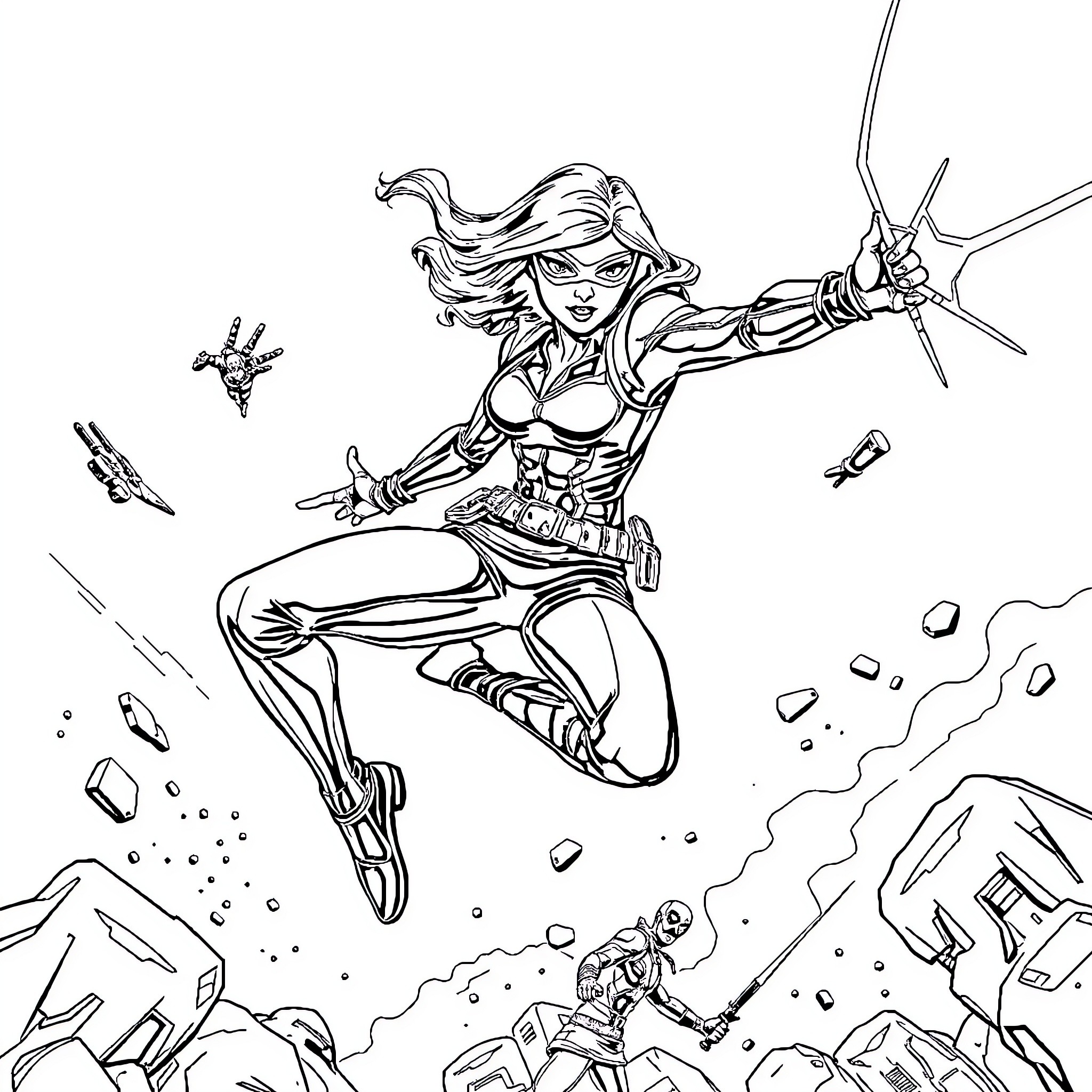Black Widow in action-packed combat scene Coloring Page (free black-and-white line drawing printable PDF for all, from beginners to advanced learners, including children, teens, adults, and seniors)