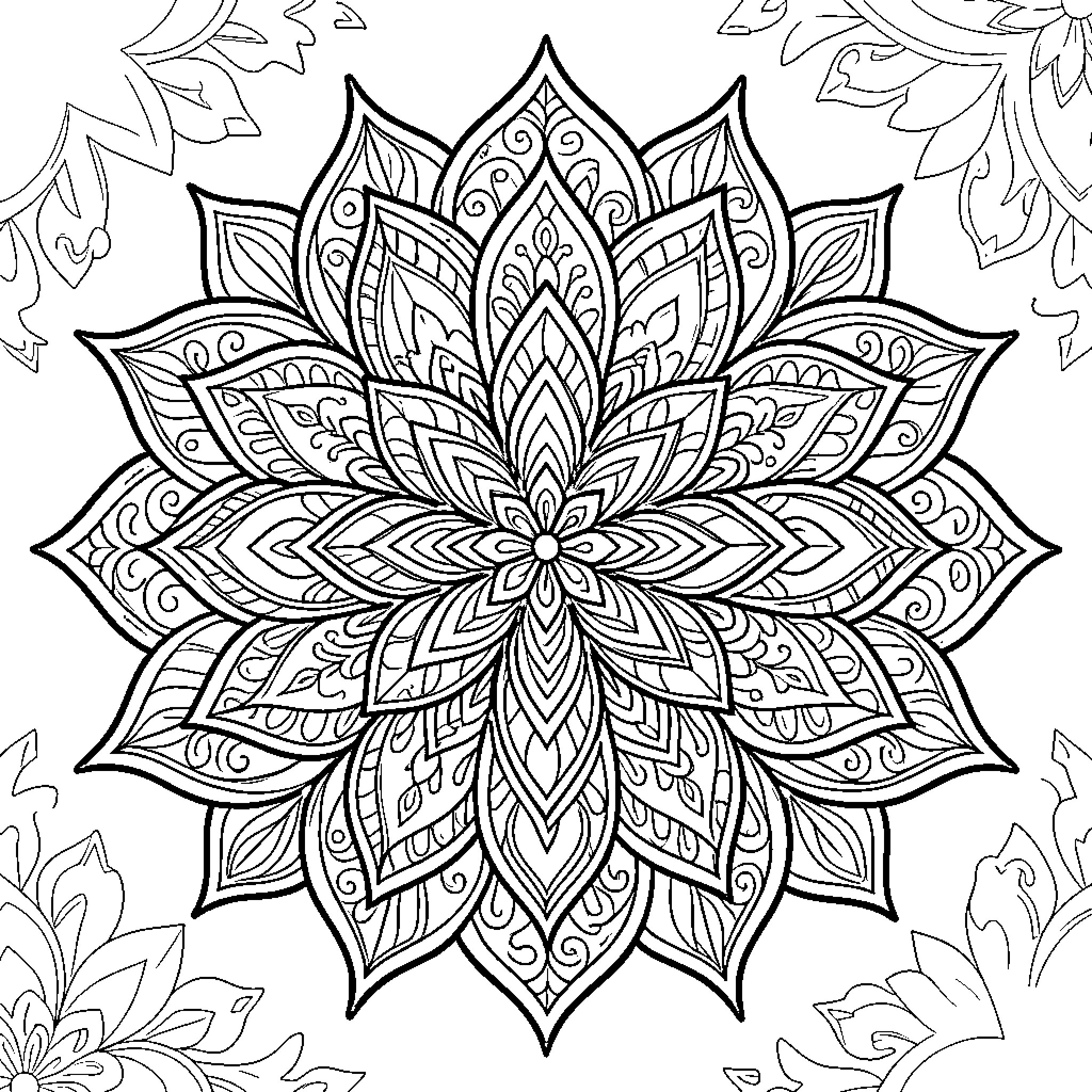 Mandala of intricate floral patterns Coloring Page (free black-and-white line drawing printable PDF for all, from beginners to advanced learners, including children, teens, adults, and seniors)
