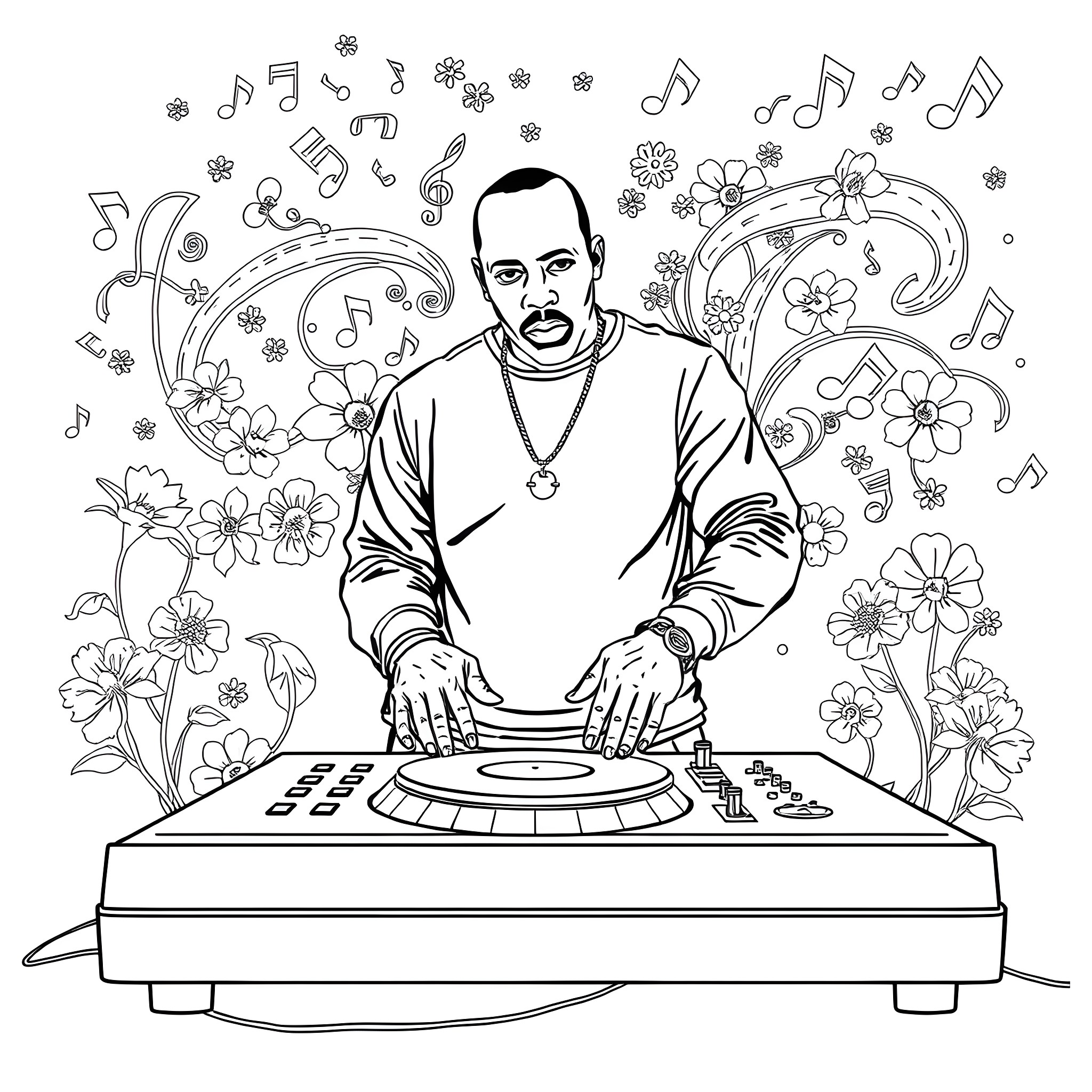 Dr. Dre Spinning Tunes with Floral Accents Coloring Page (free black-and-white line drawing printable PDF for all, from beginners to advanced learners, including children, teens, adults, and seniors)