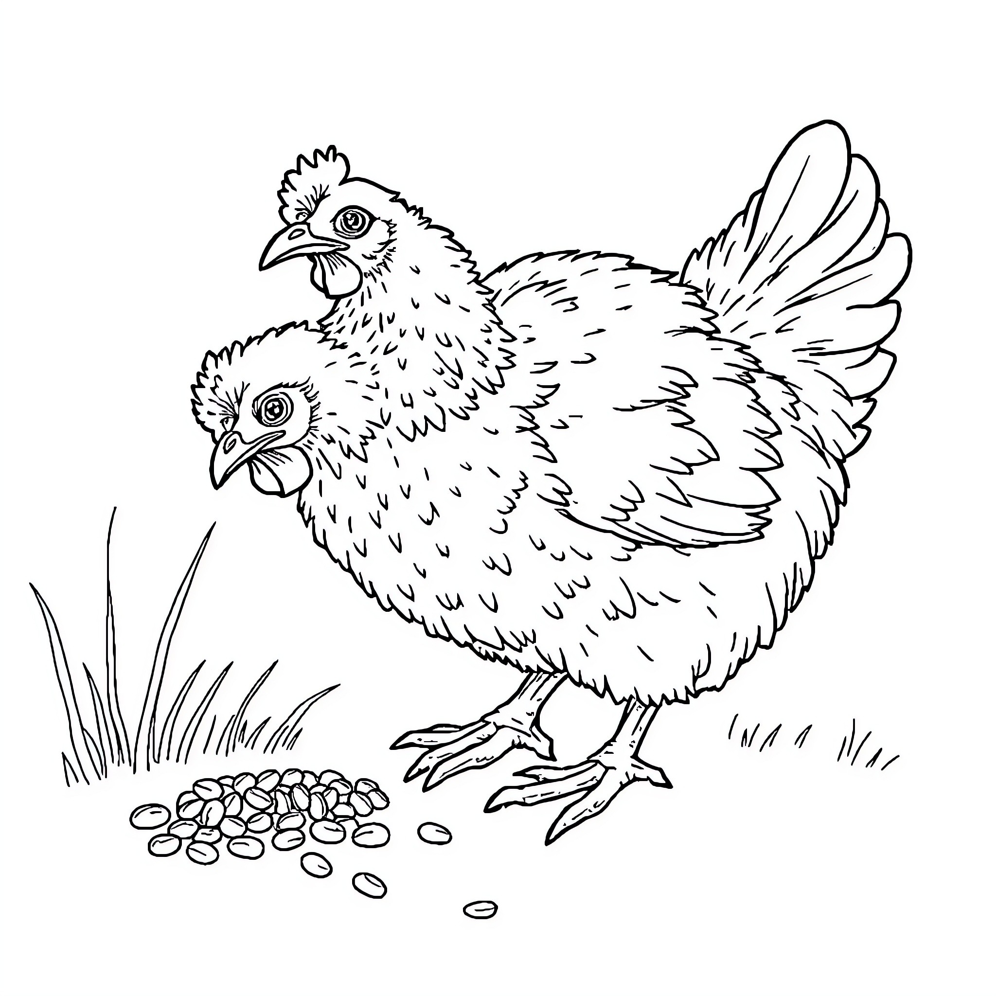 Chickens foraging in the grass Coloring Page (free black-and-white line drawing printable PDF for all, from beginners to advanced learners, including children, teens, adults, and seniors)