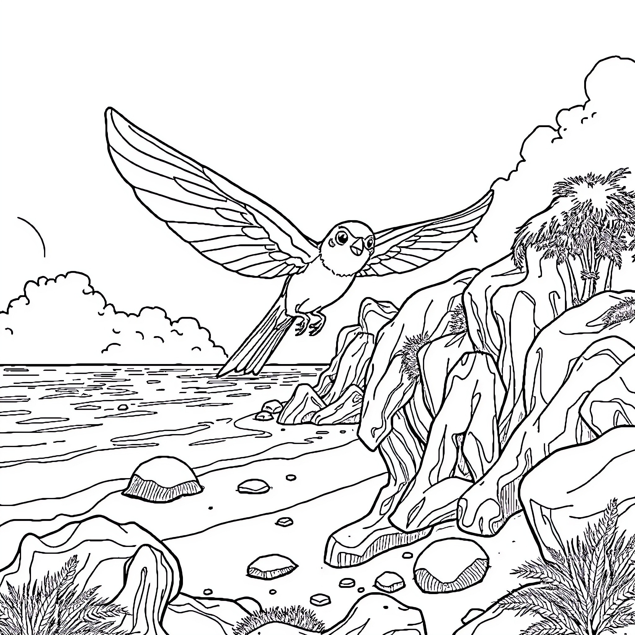 Avispa soaring over the ocean landscape Coloring Page (free black-and-white line drawing printable PDF for all, from beginners to advanced learners, including children, teens, adults, and seniors)