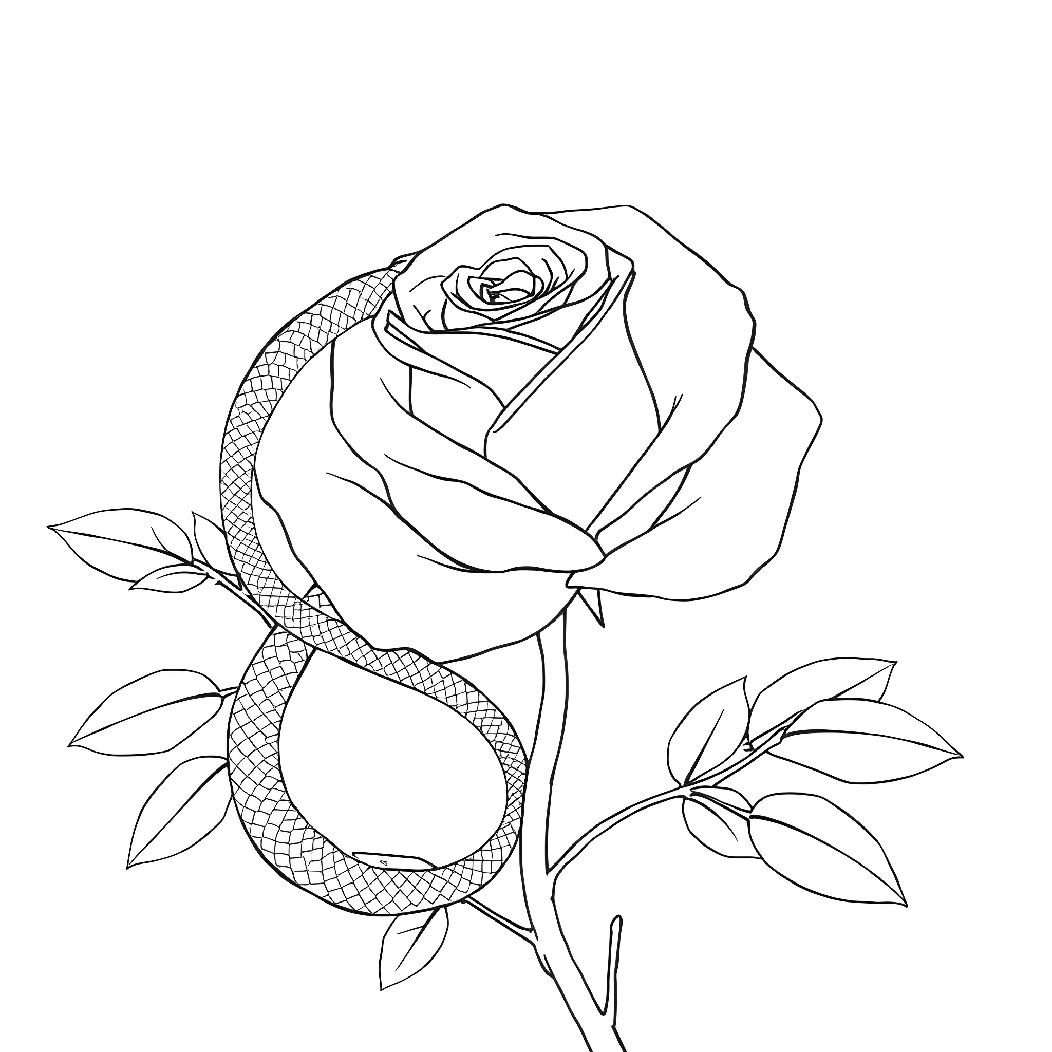 Snake coiled around a rose flower Coloring Page (free black-and-white line drawing printable PDF for all, from beginners to advanced learners, including children, teens, adults, and seniors)