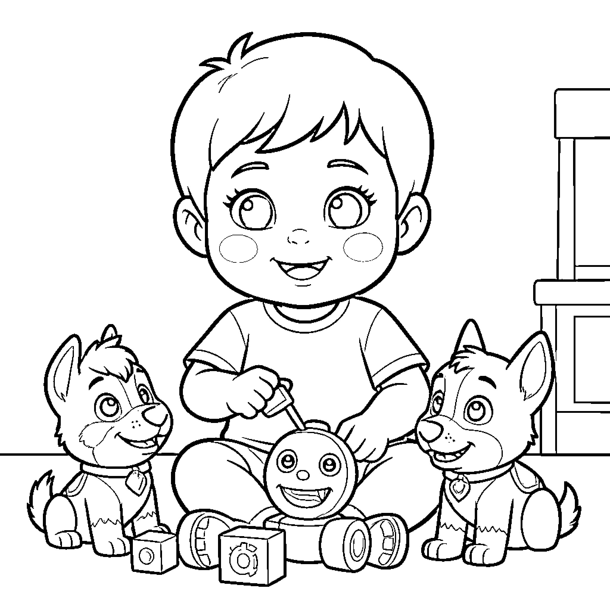 Paw Patrol characters playing with toys Coloring Page (free black-and-white line drawing printable PDF for all, from beginners to advanced learners, including children, teens, adults, and seniors)