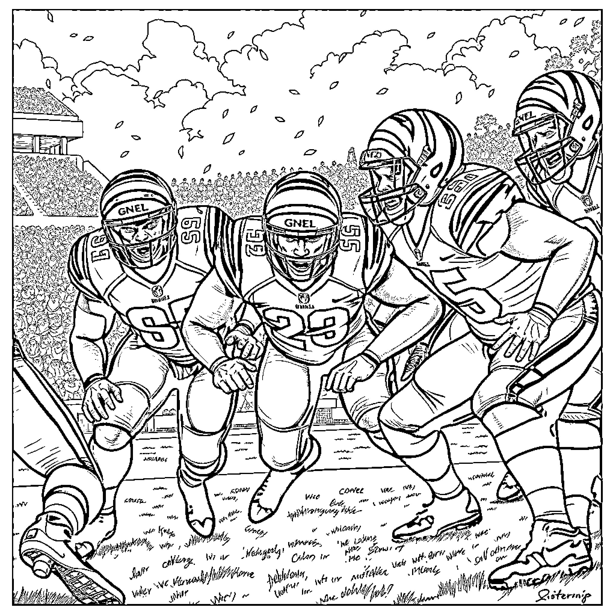 Bengals Football Players in Intense Game Action Coloring Page (free black-and-white line drawing printable PDF for all, from beginners to advanced learners, including children, teens, adults, and seniors)