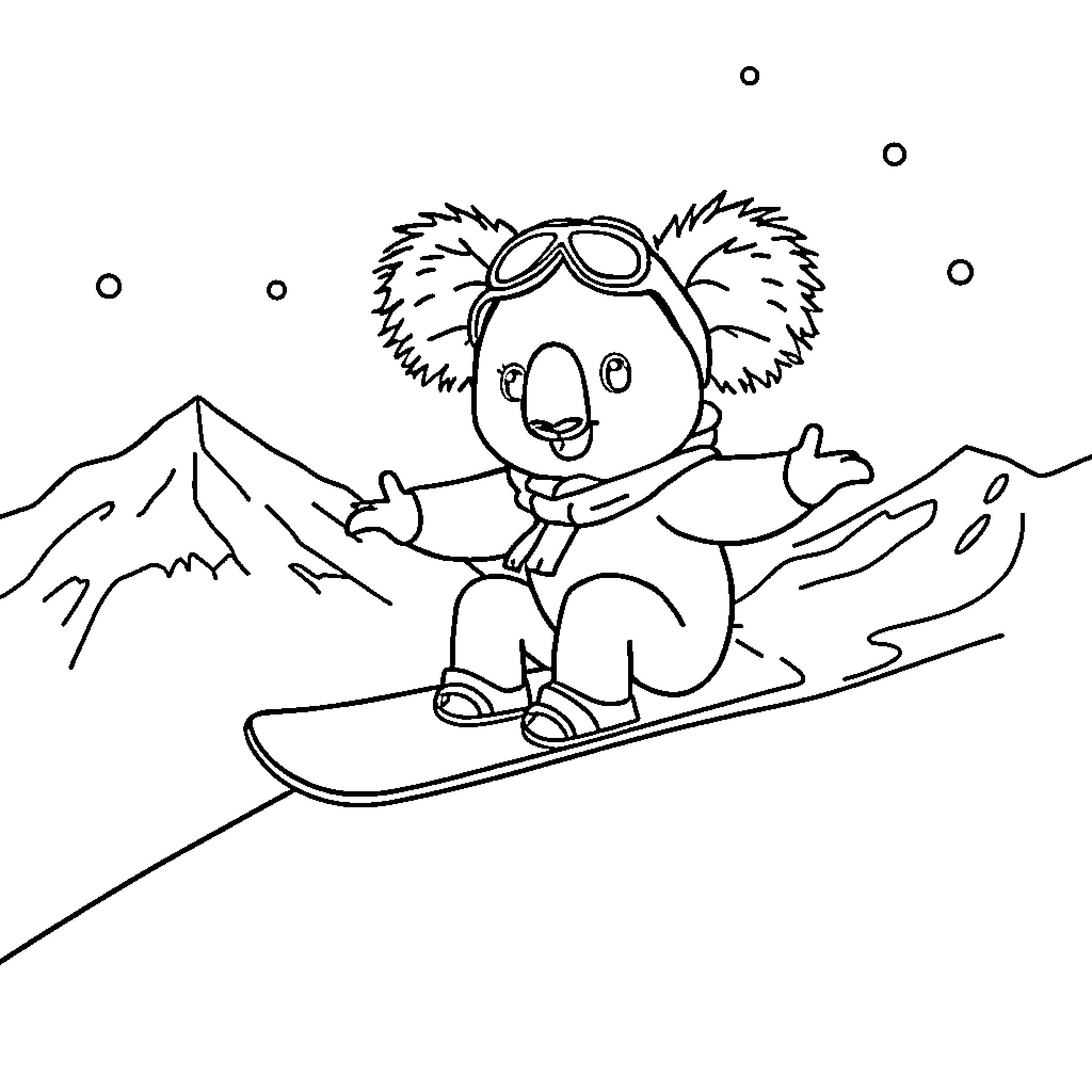 Koala snowboarding down a mountain Coloring Page (free black-and-white line drawing printable PDF for all, from beginners to advanced learners, including children, teens, adults, and seniors)