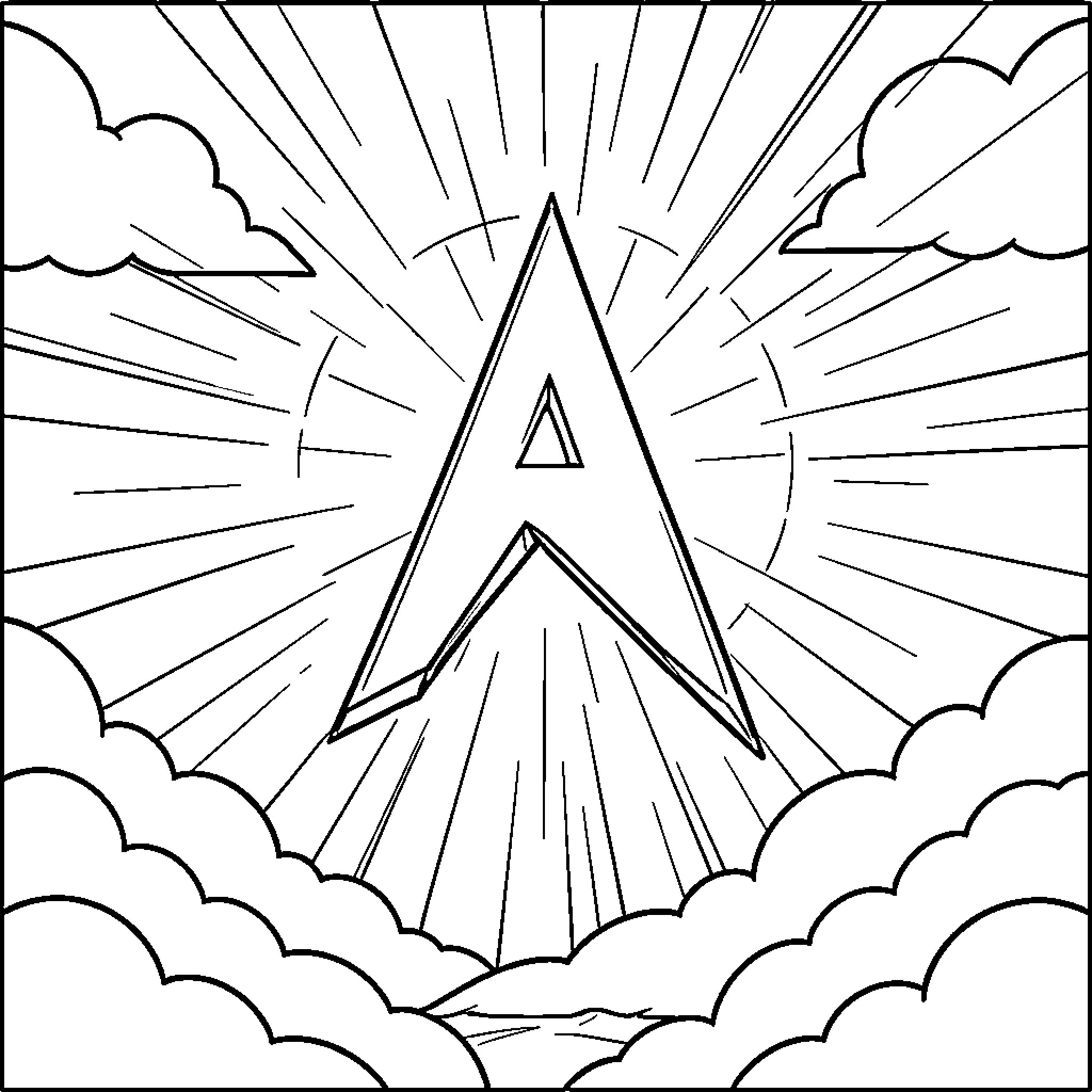 Marked symbol rising above clouds with radiant sunbeams Coloring Page (free black-and-white line drawing printable PDF for all, from beginners to advanced learners, including children, teens, adults, and seniors)