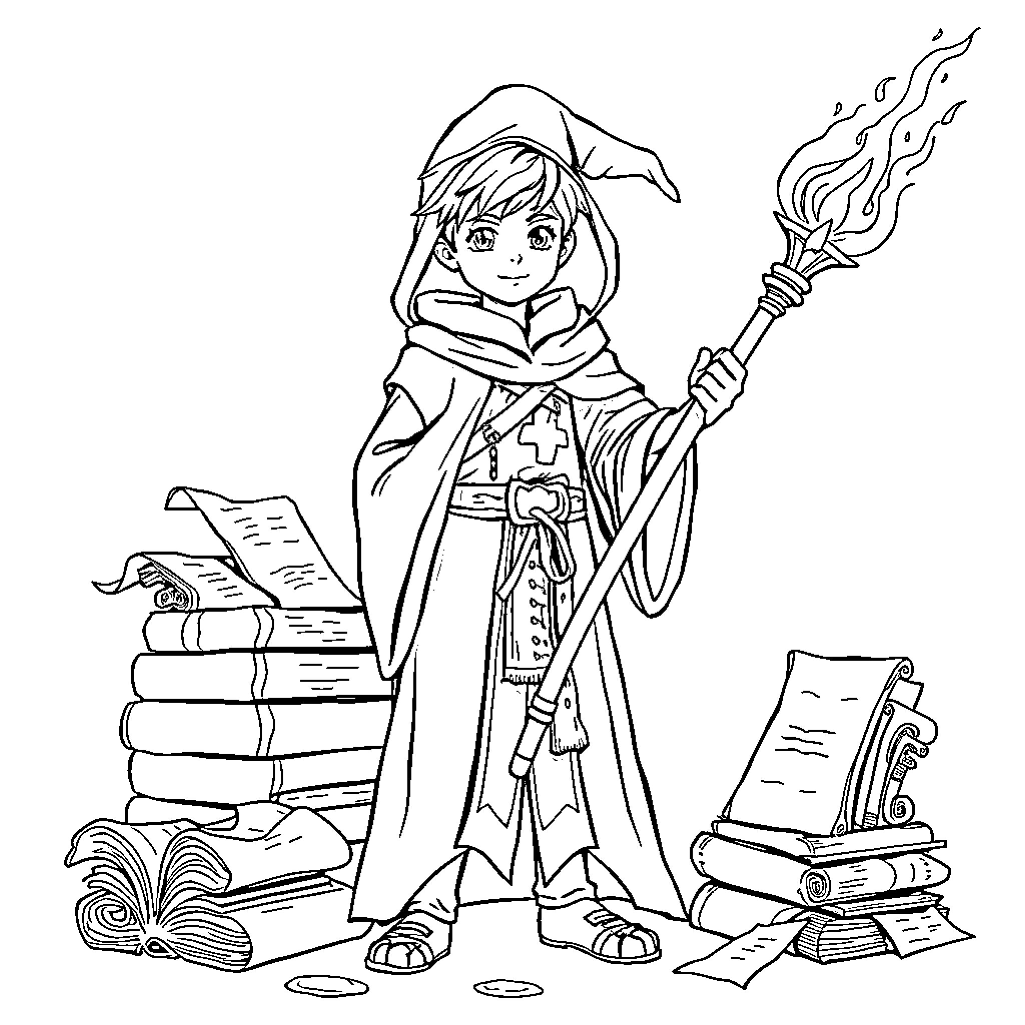 Mage with magical staff and books Coloring Page (free black-and-white line drawing printable PDF for all, from beginners to advanced learners, including children, teens, adults, and seniors)