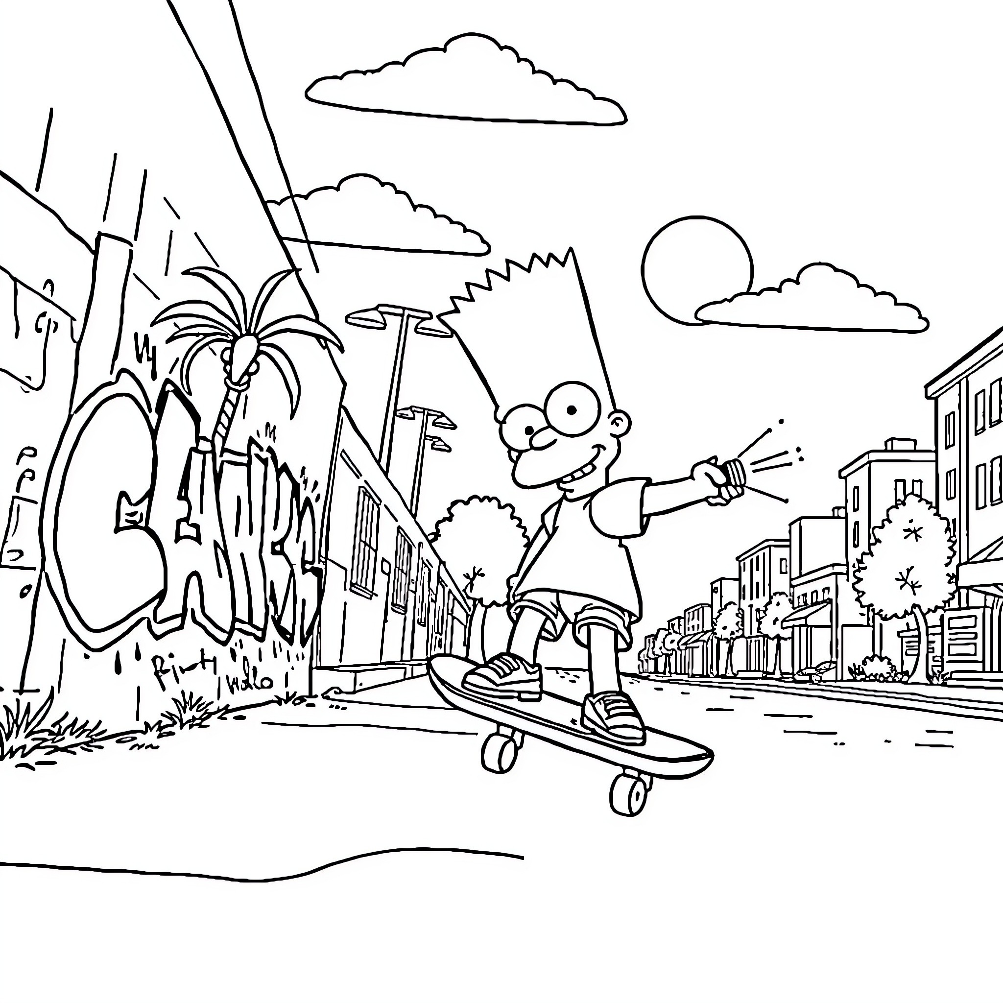 Bart Simpson skateboarding through a colorful city Coloring Page (free black-and-white line drawing printable PDF for all, from beginners to advanced learners, including children, teens, adults, and seniors)