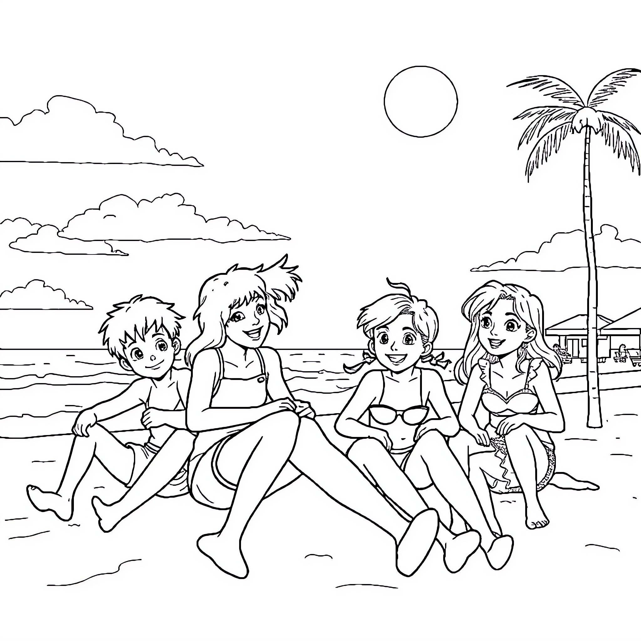 Kids relaxing on the beach during summer Coloring Page (free black-and-white line drawing printable PDF for all, from beginners to advanced learners, including children, teens, adults, and seniors)