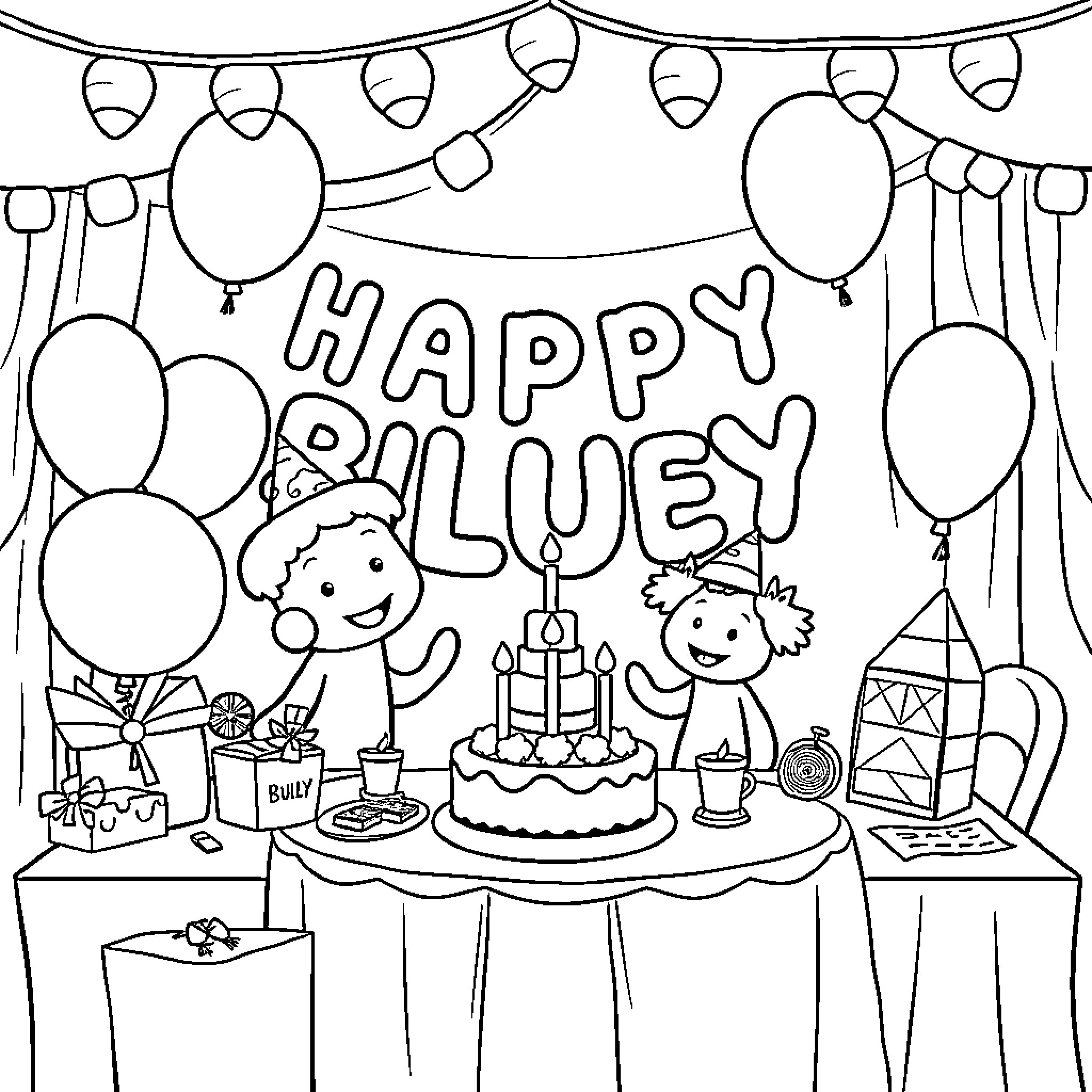 Bluey's Happy Birthday Celebration Coloring Page (free black-and-white line drawing printable PDF for all, from beginners to advanced learners, including children, teens, adults, and seniors)