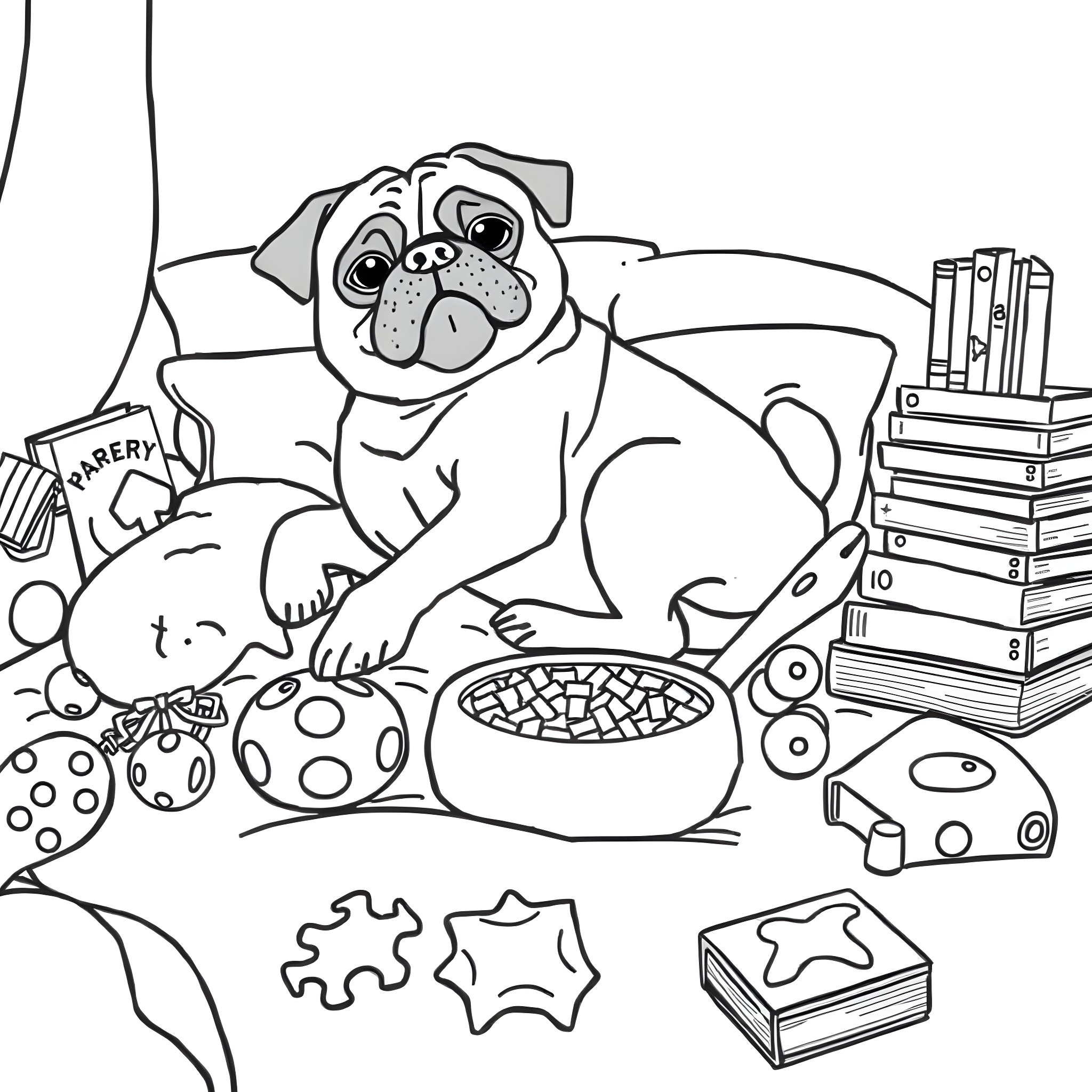 Pug enjoying toys and snacks in cozy room Coloring Page (free black-and-white line drawing printable PDF for all, from beginners to advanced learners, including children, teens, adults, and seniors)