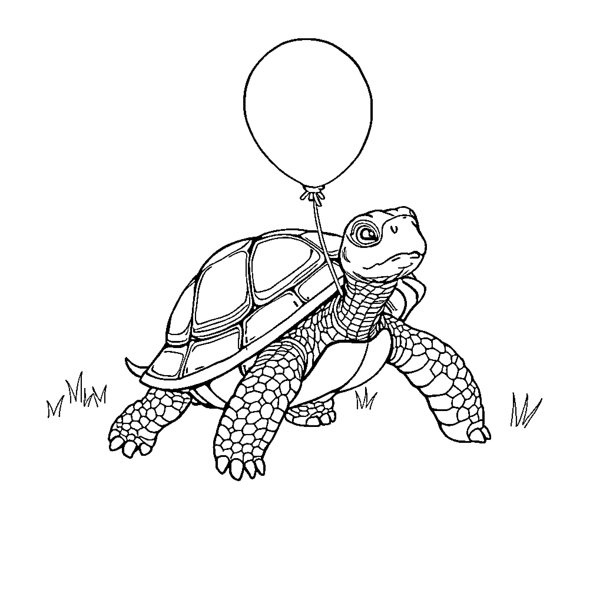 Turtle with Balloon Floating Away Coloring Page (free black-and-white line drawing printable PDF for all, from beginners to advanced learners, including children, teens, adults, and seniors)