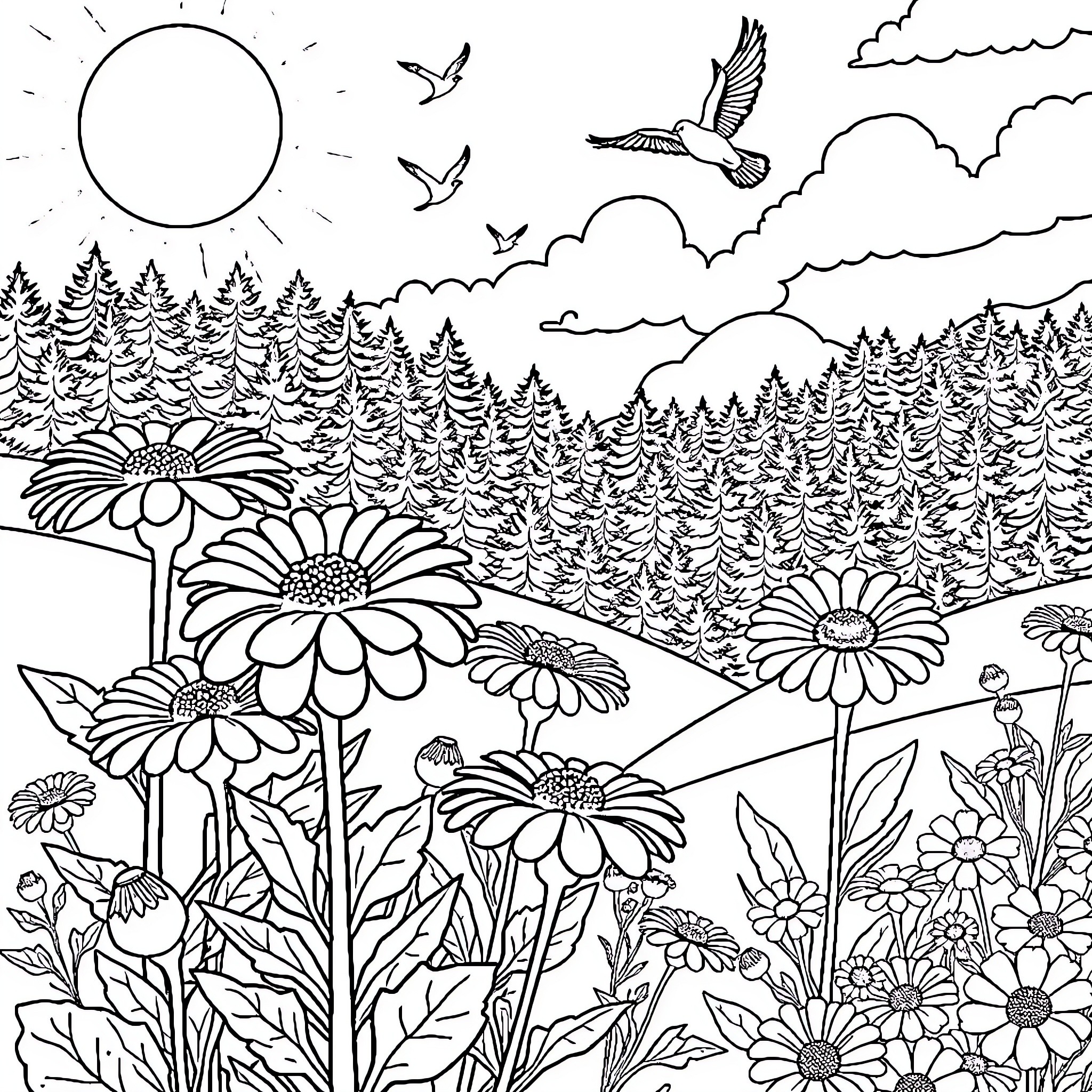 Zinnia's Enchanting Meadow Coloring Page (free black-and-white line drawing printable PDF for all, from beginners to advanced learners, including children, teens, adults, and seniors)