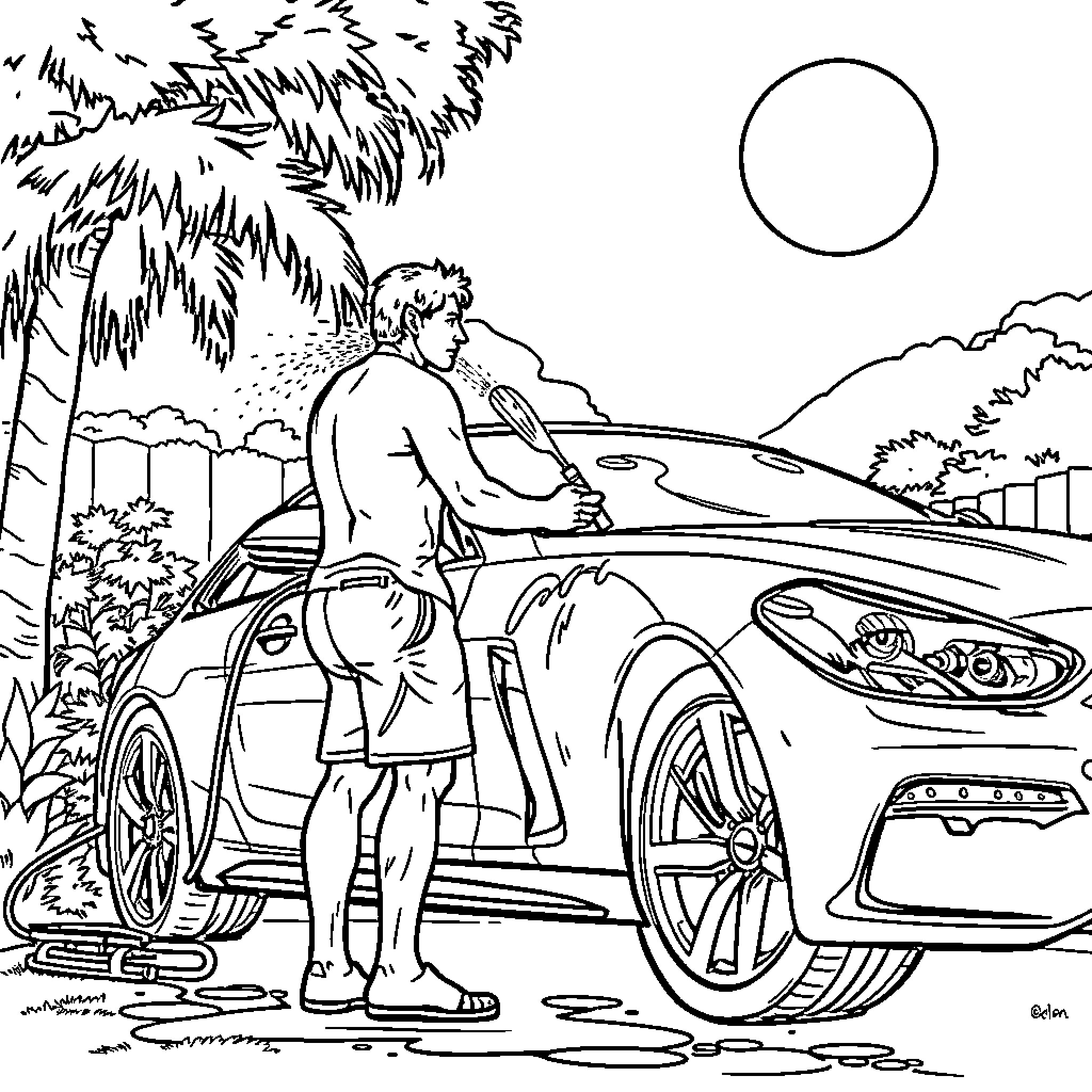 Man washing car in tropical landscape Coloring Page (free black-and-white line drawing printable PDF for all, from beginners to advanced learners, including children, teens, adults, and seniors)