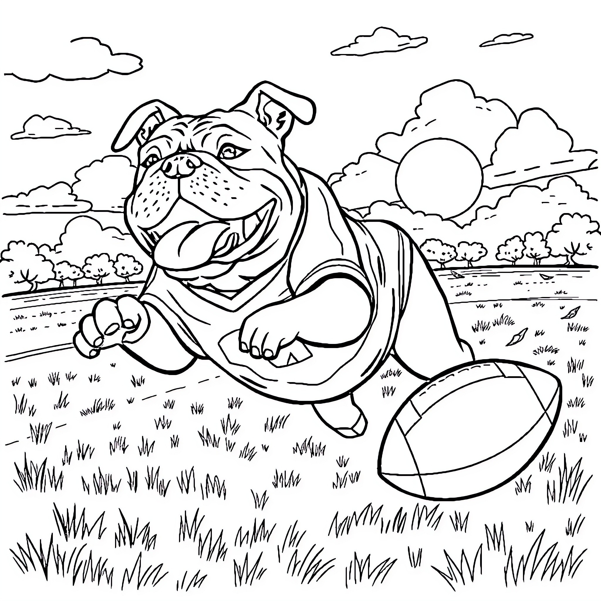 Bulldog playing with football in the countryside Coloring Page (free black-and-white line drawing printable PDF for all, from beginners to advanced learners, including children, teens, adults, and seniors)
