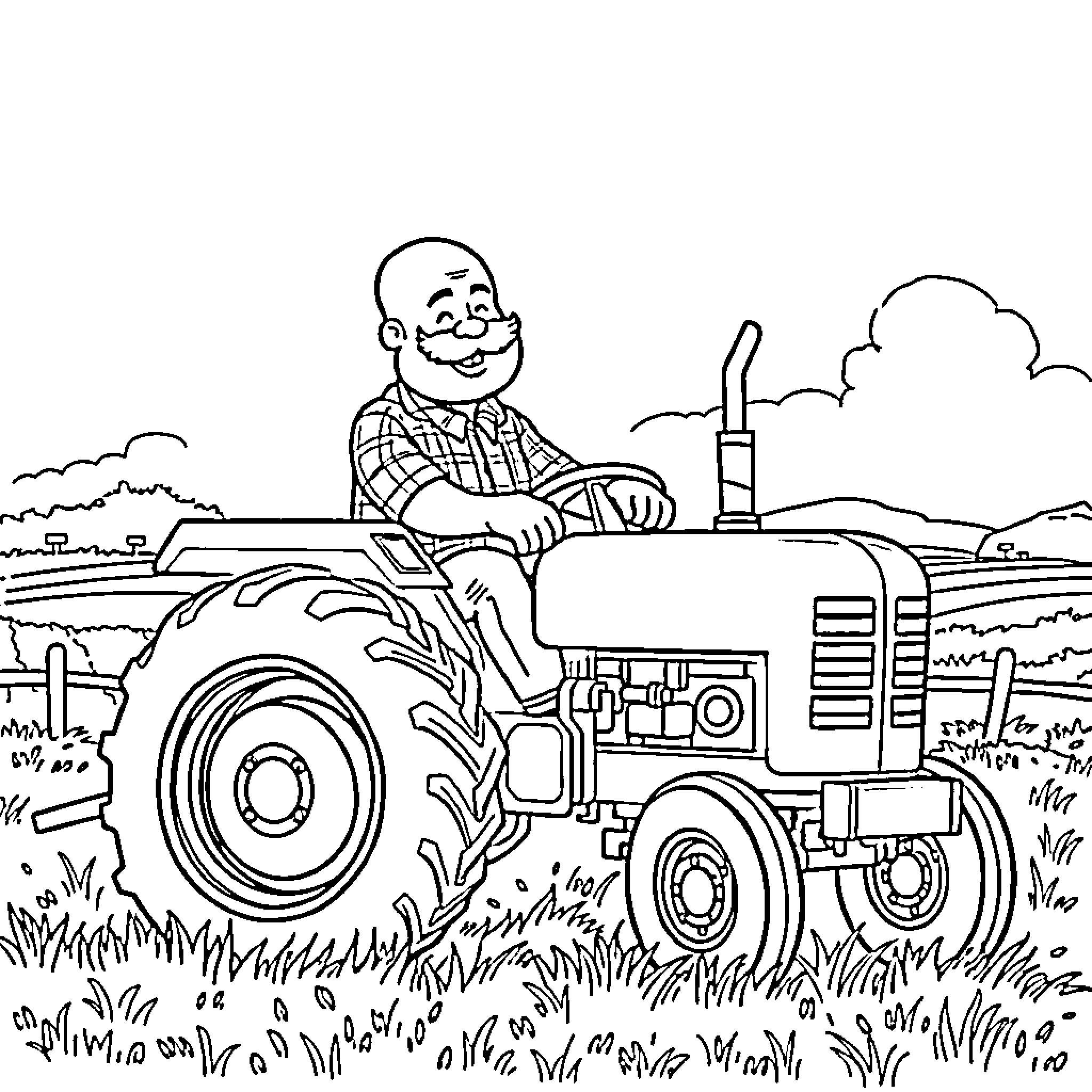 Farmer driving tractor in countryside landscape Coloring Page (free black-and-white line drawing printable PDF for all, from beginners to advanced learners, including children, teens, adults, and seniors)