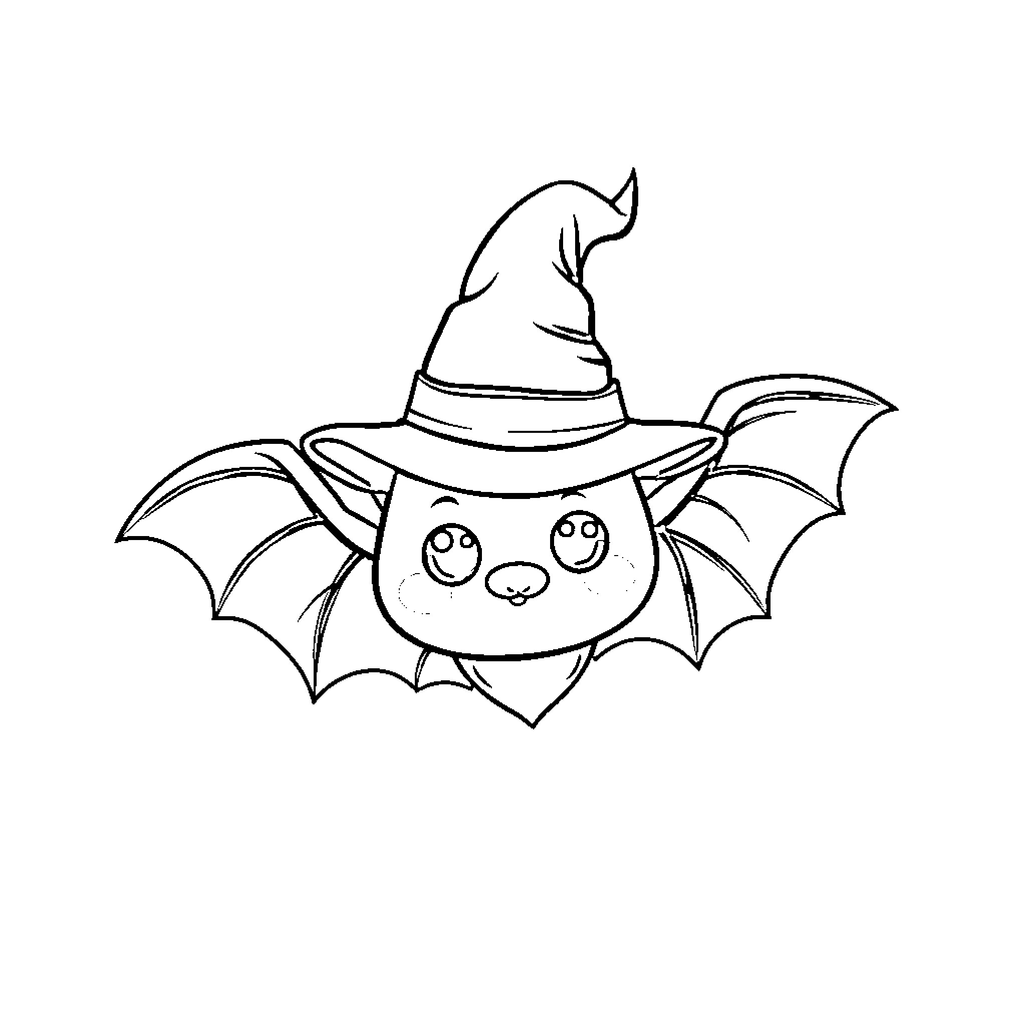 Bat wearing witch hat with expressive eyes Coloring Page (free black-and-white line drawing printable PDF for all, from beginners to advanced learners, including children, teens, adults, and seniors)