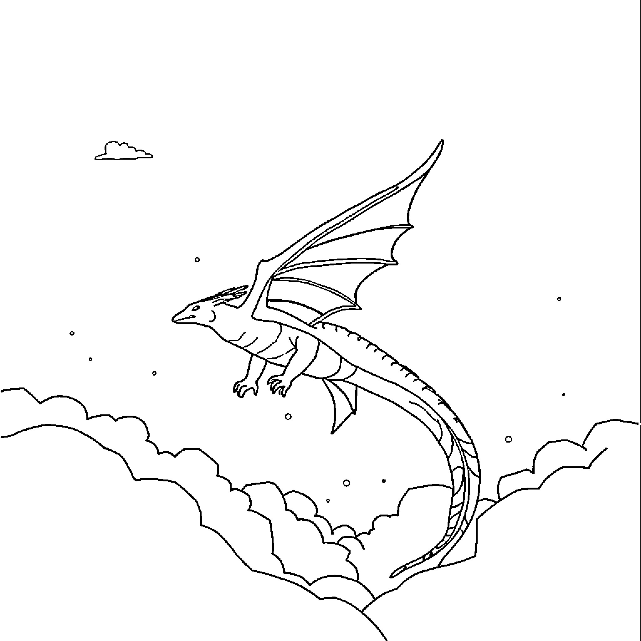 Dragon soaring through the clouds Coloring Page (free black-and-white line drawing printable PDF for all, from beginners to advanced learners, including children, teens, adults, and seniors)