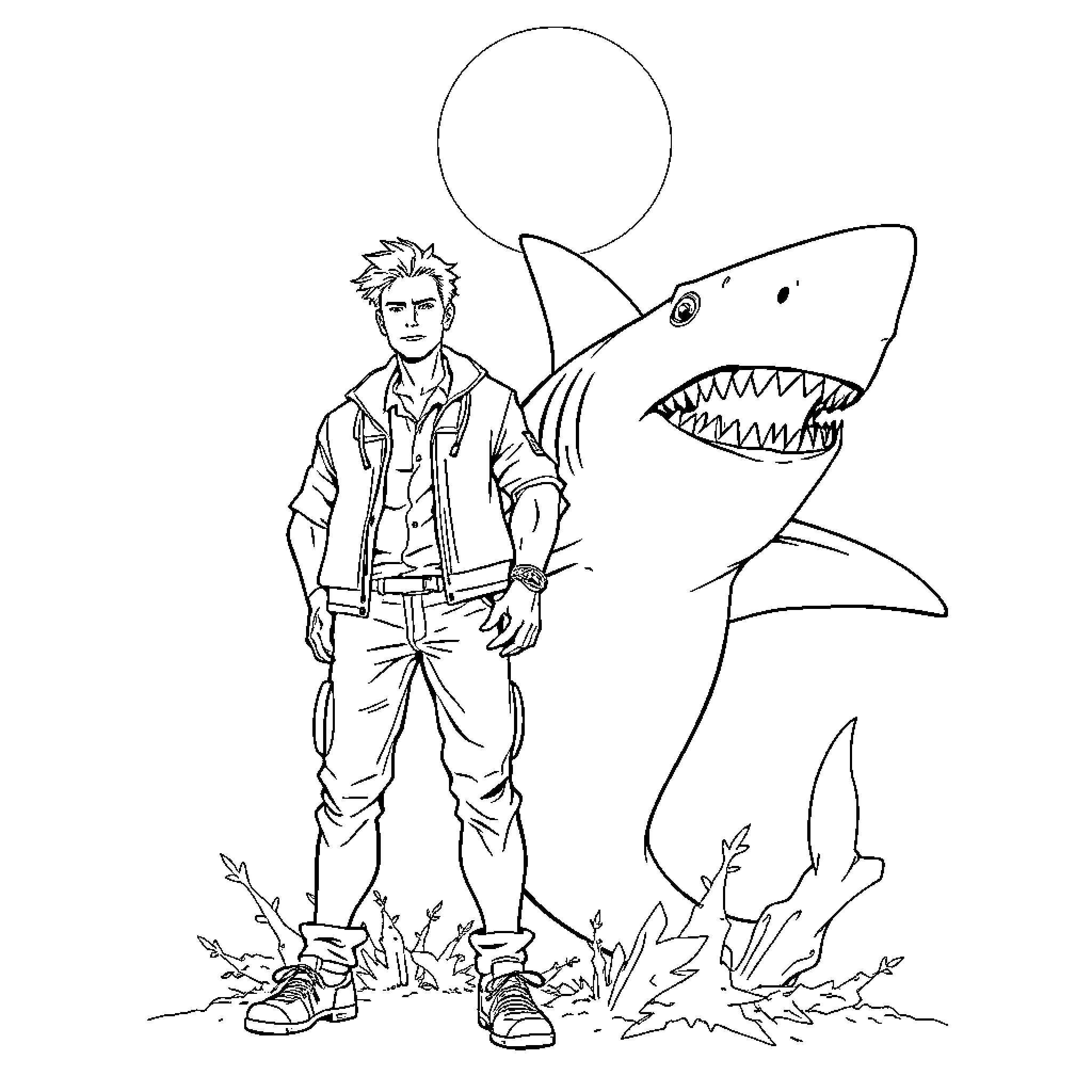Male with Shark in Outdoor Scene Coloring Page (free black-and-white line drawing printable PDF for all, from beginners to advanced learners, including children, teens, adults, and seniors)