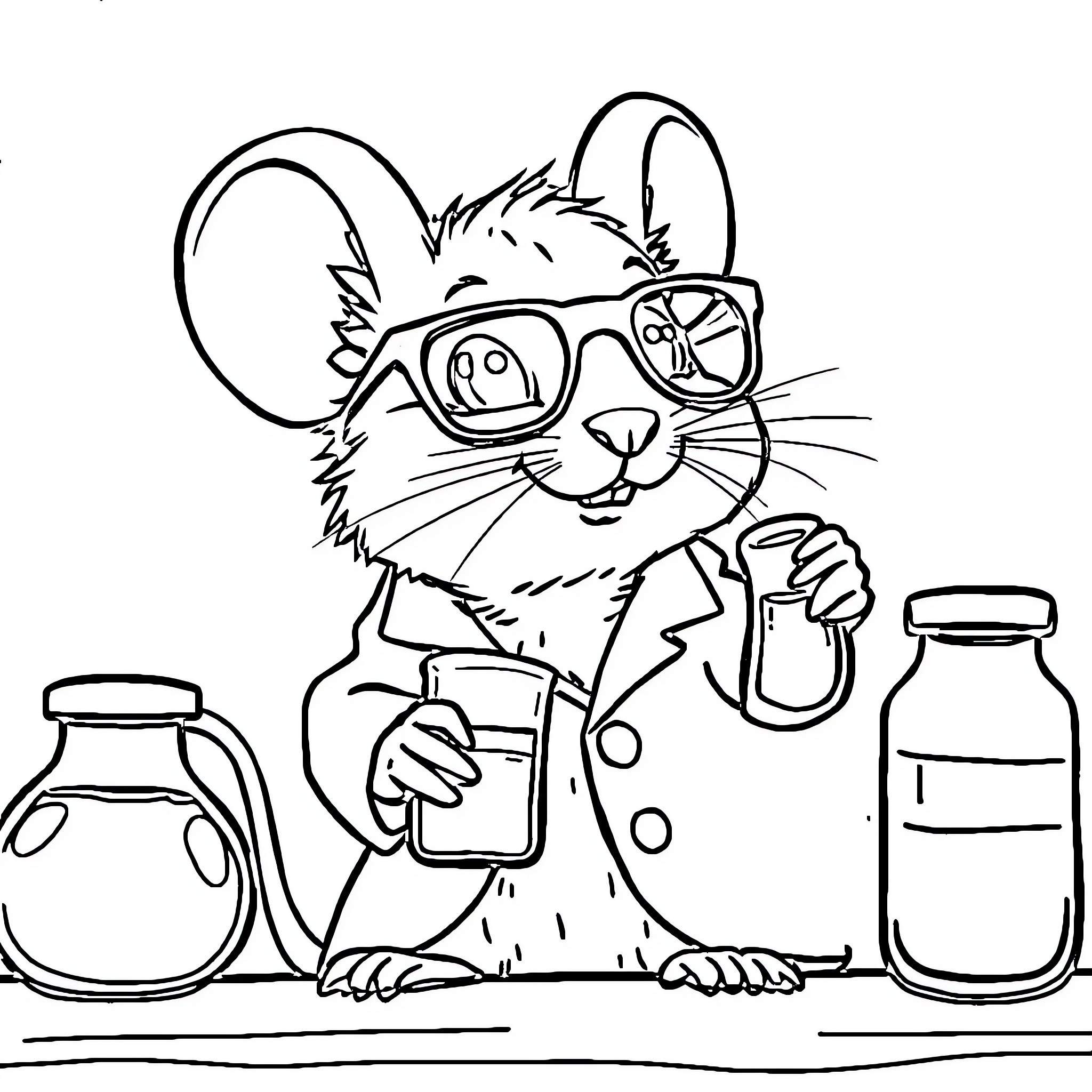 Mouse scientist conducting experiment in the lab Coloring Page (free black-and-white line drawing printable PDF for all, from beginners to advanced learners, including children, teens, adults, and seniors)