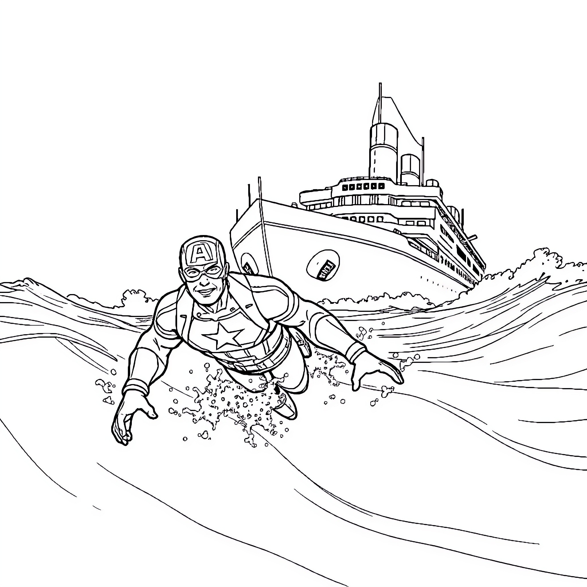 Captain America surfing with ocean liner in background Coloring Page (free black-and-white line drawing printable PDF for all, from beginners to advanced learners, including children, teens, adults, and seniors)