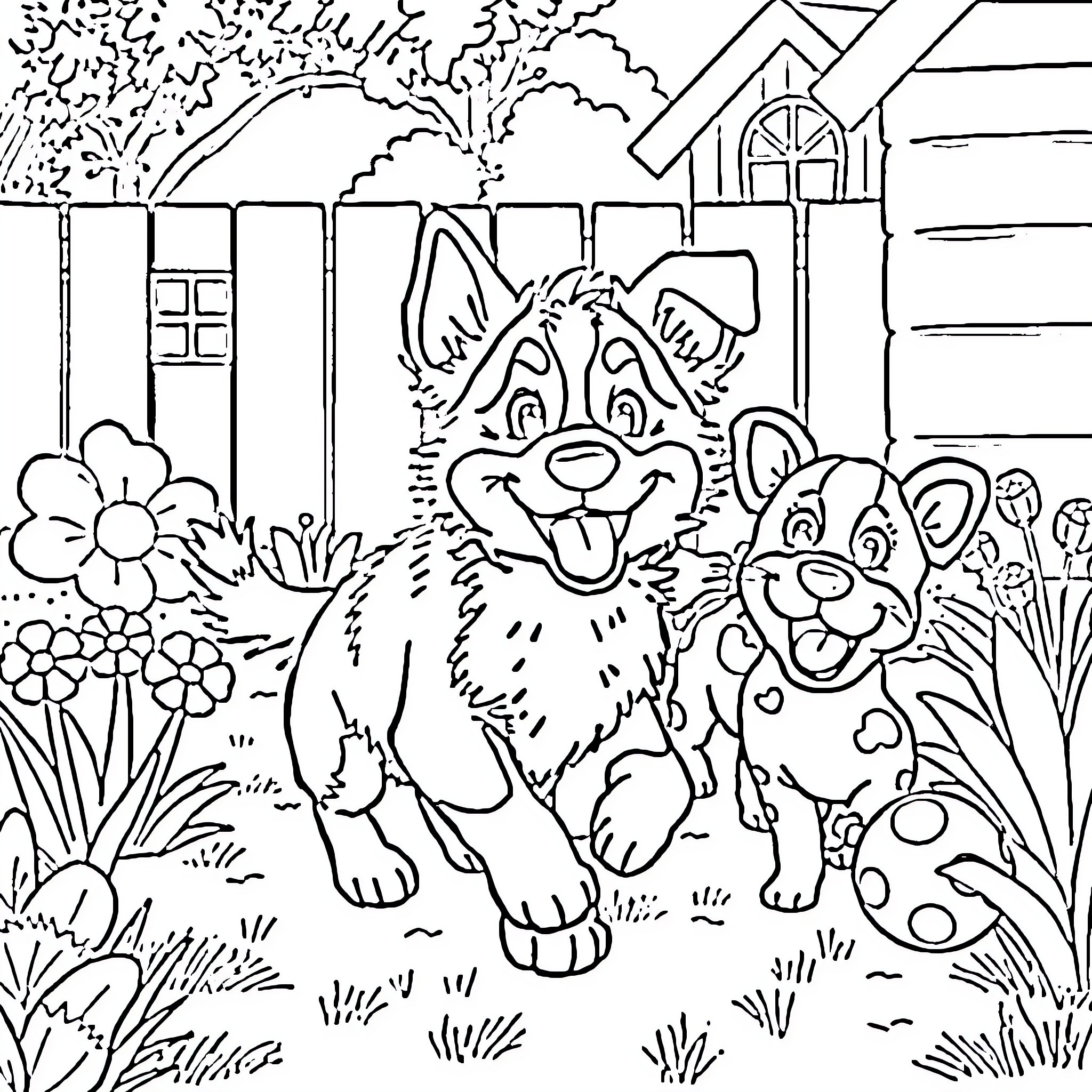 Bluey's Playful Adventure in the Garden Coloring Page (free black-and-white line drawing printable PDF for all, from beginners to advanced learners, including children, teens, adults, and seniors)