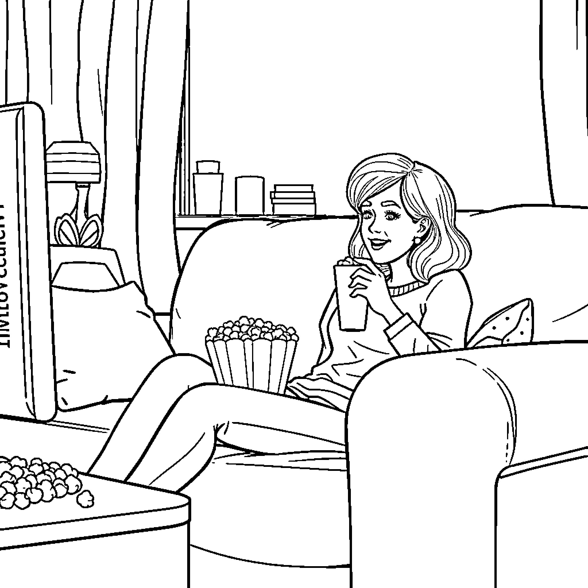 Mom enjoying movie night on the couch Coloring Page (free black-and-white line drawing printable PDF for all, from beginners to advanced learners, including children, teens, adults, and seniors)