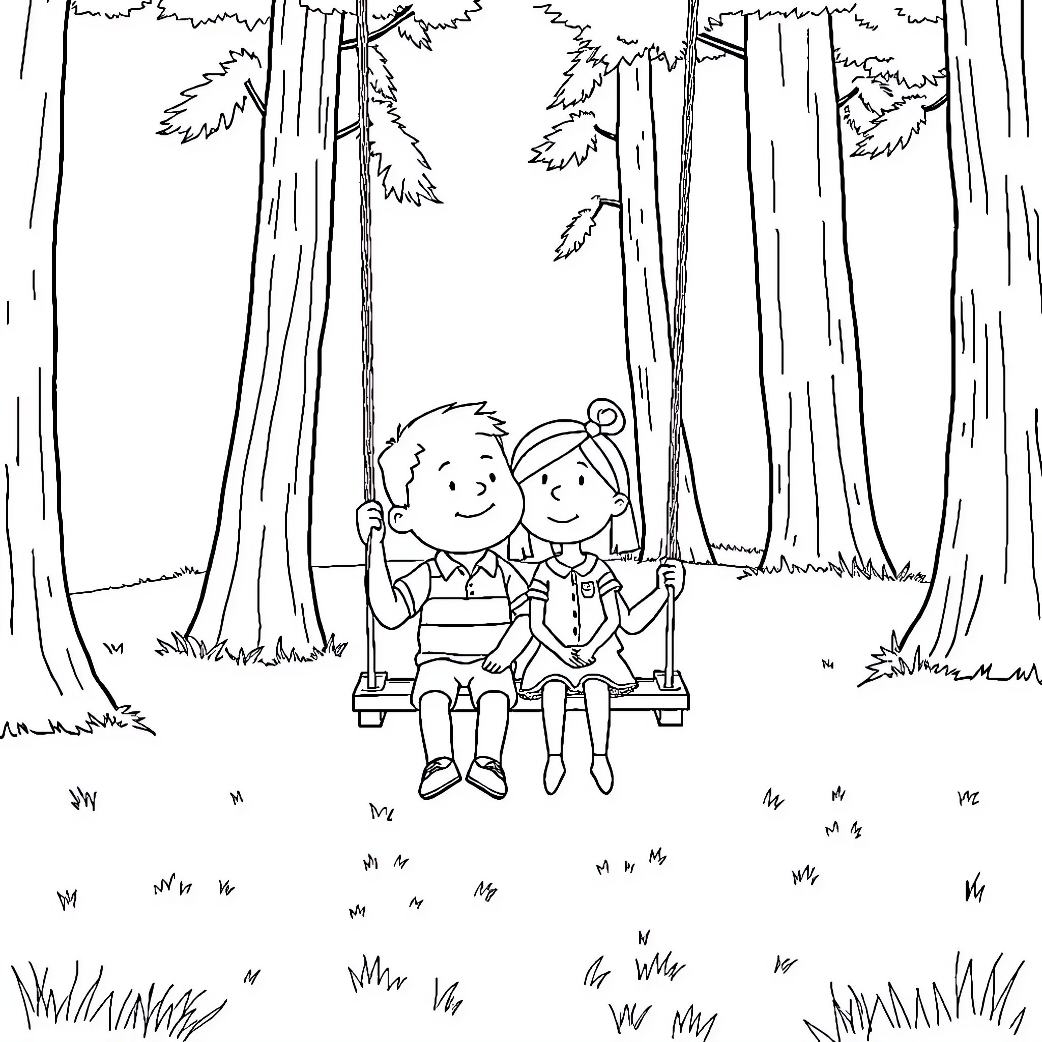 Carl and Ellie on a swing in the forest Coloring Page (free black-and-white line drawing printable PDF for all, from beginners to advanced learners, including children, teens, adults, and seniors)