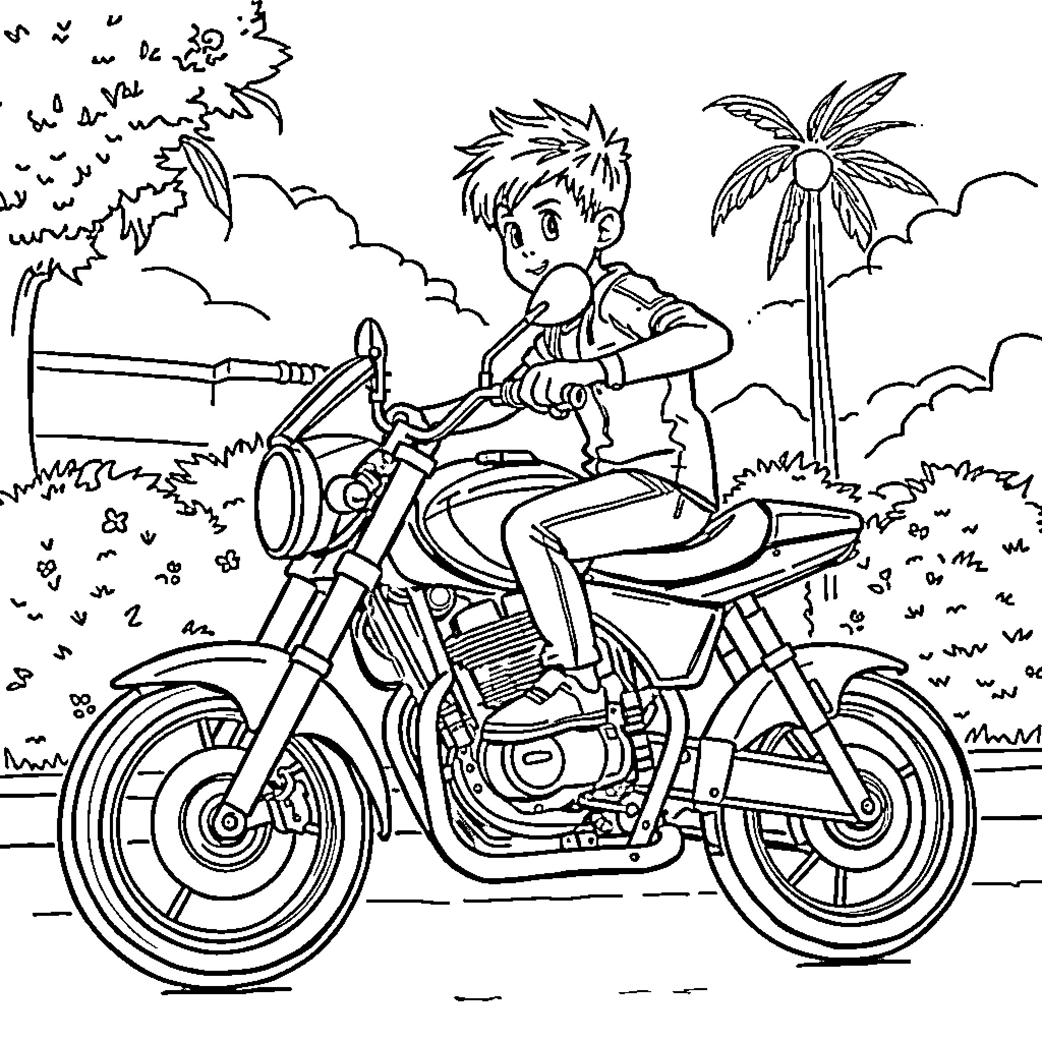 Boy riding motorcycle on tropical island Coloring Page (free black-and-white line drawing printable PDF for all, from beginners to advanced learners, including children, teens, adults, and seniors)