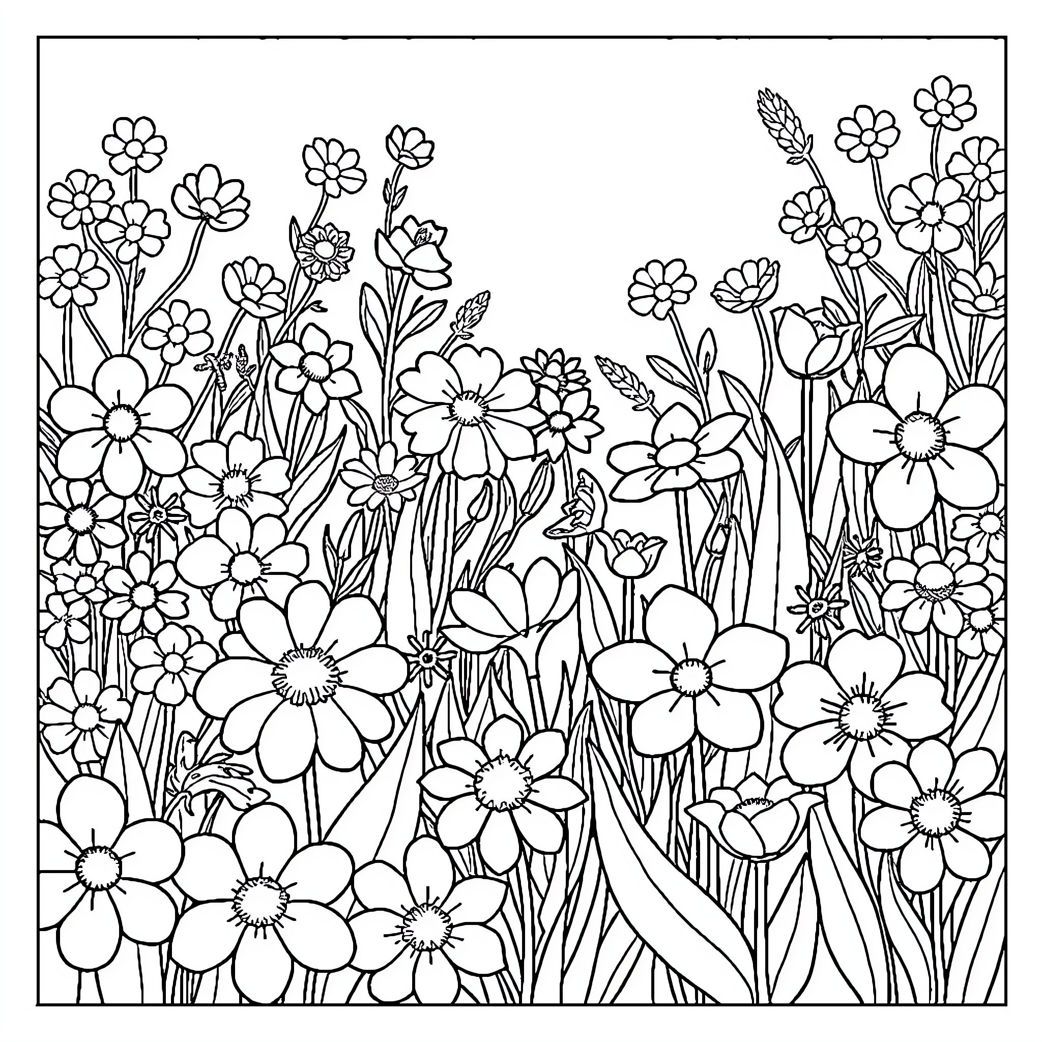 Flower Garden Filled with Blooming Flowers Coloring Page (free black-and-white line drawing printable PDF for all, from beginners to advanced learners, including children, teens, adults, and seniors)