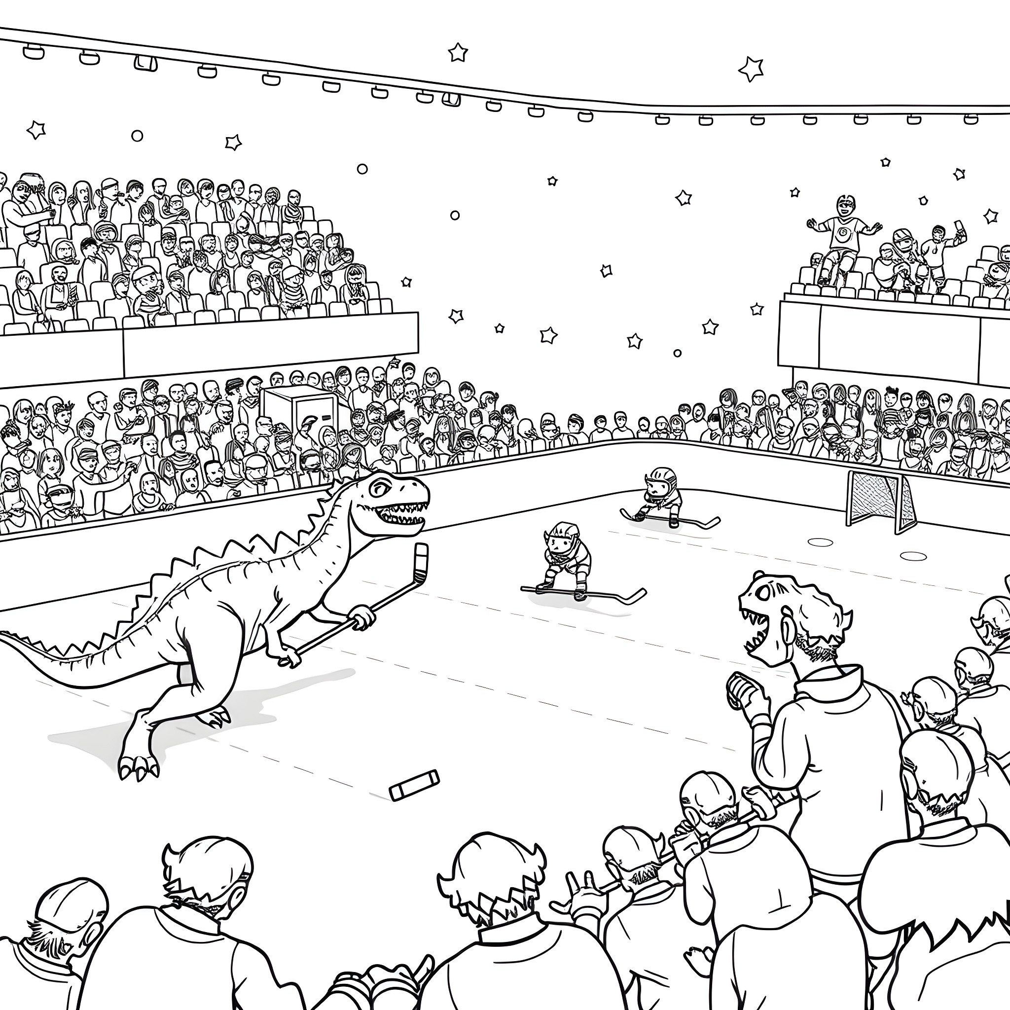 Dinosaur Stadium Battle Performance Coloring Page (free black-and-white line drawing printable PDF for all, from beginners to advanced learners, including children, teens, adults, and seniors)