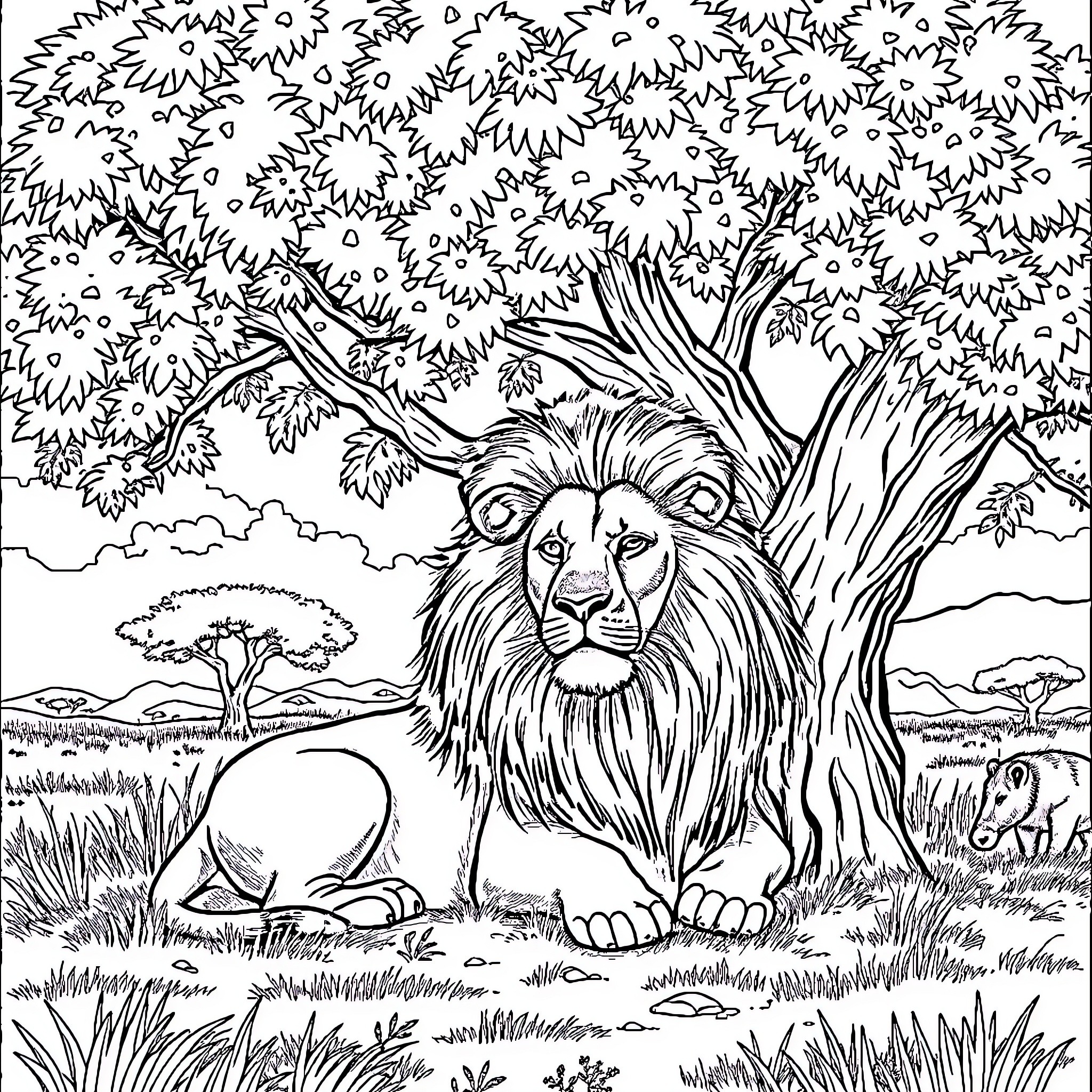 Lion guarding the peaceful savanna landscape Coloring Page (free black-and-white line drawing printable PDF for all, from beginners to advanced learners, including children, teens, adults, and seniors)