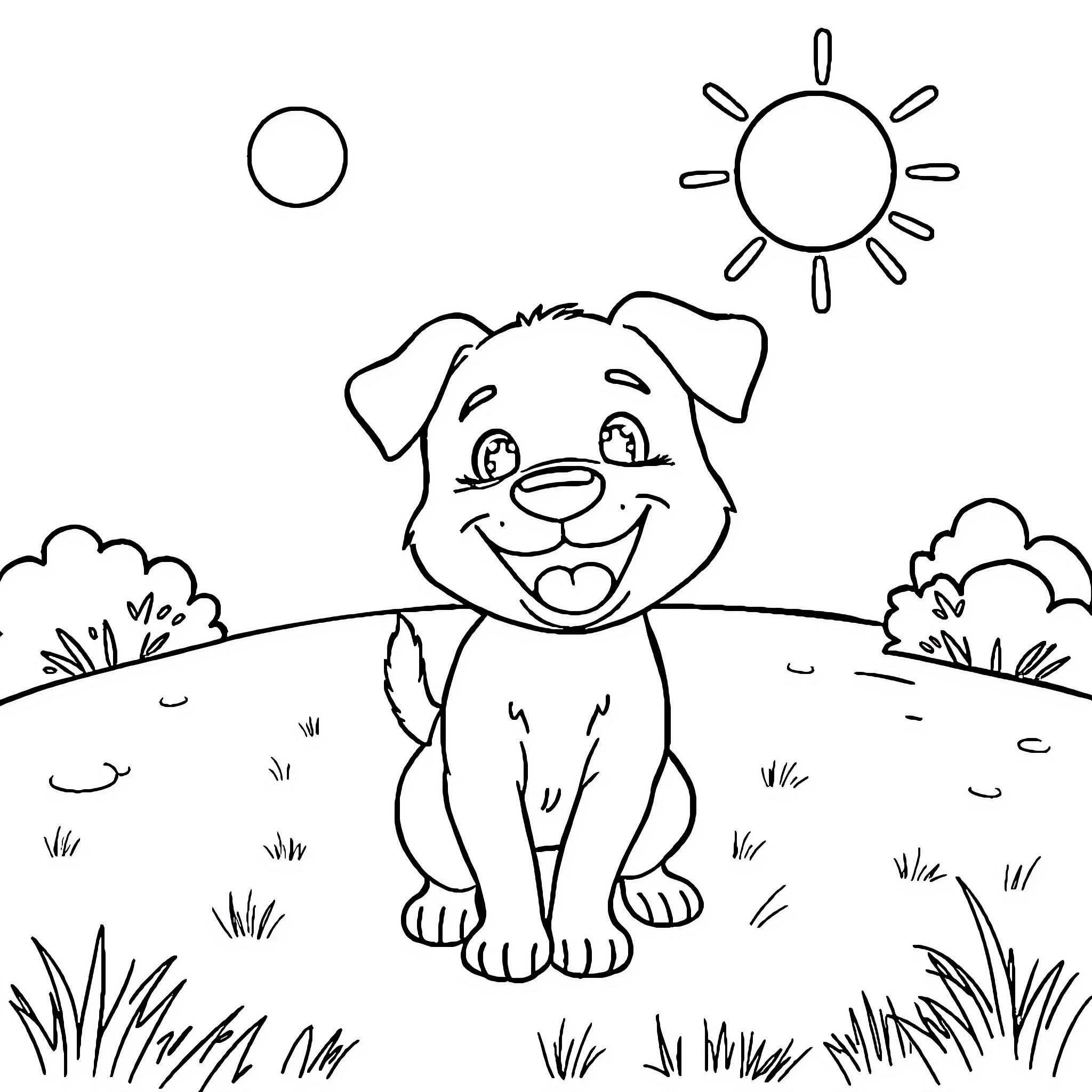 Dog enjoying sunny day in nature Coloring Page (free black-and-white line drawing printable PDF for all, from beginners to advanced learners, including children, teens, adults, and seniors)