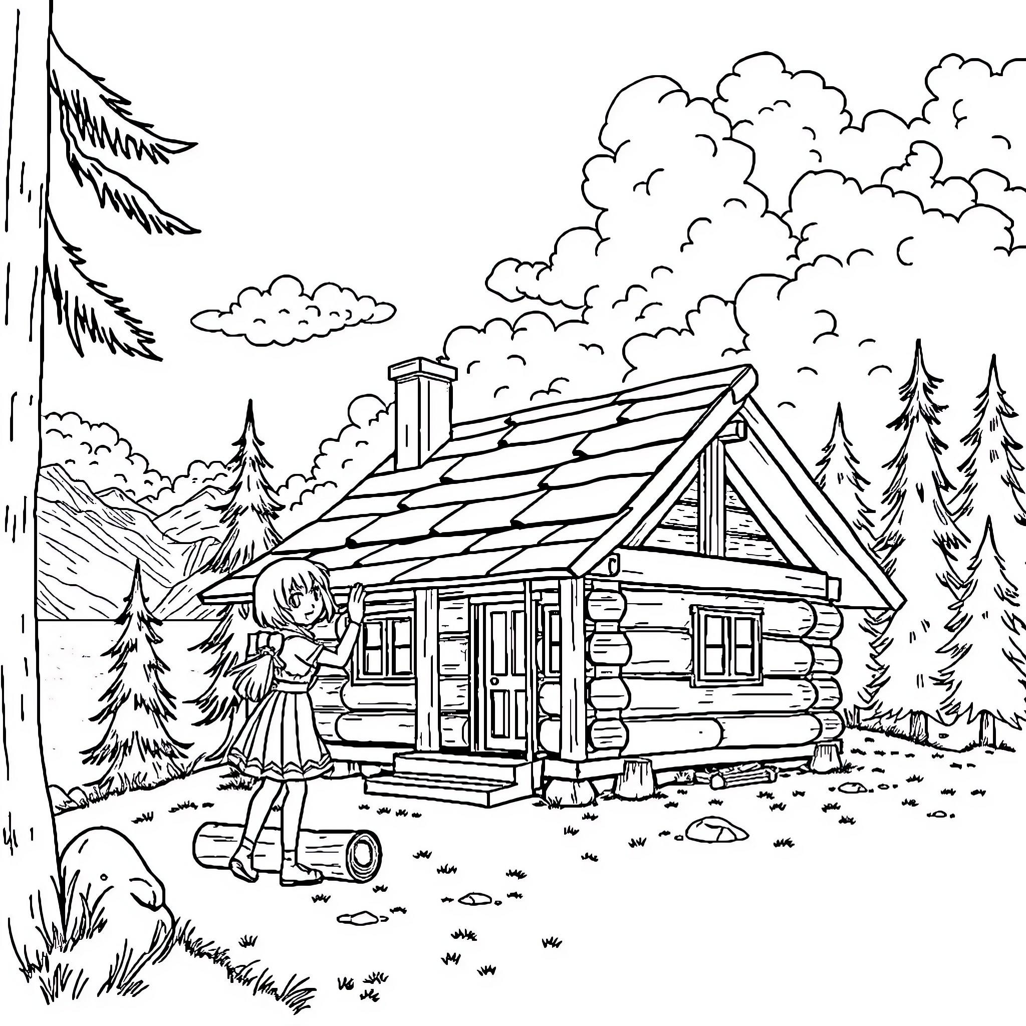 Anime Girl Exploring the Cozy Log Cabin in the Forest Coloring Page (free black-and-white line drawing printable PDF for all, from beginners to advanced learners, including children, teens, adults, and seniors)