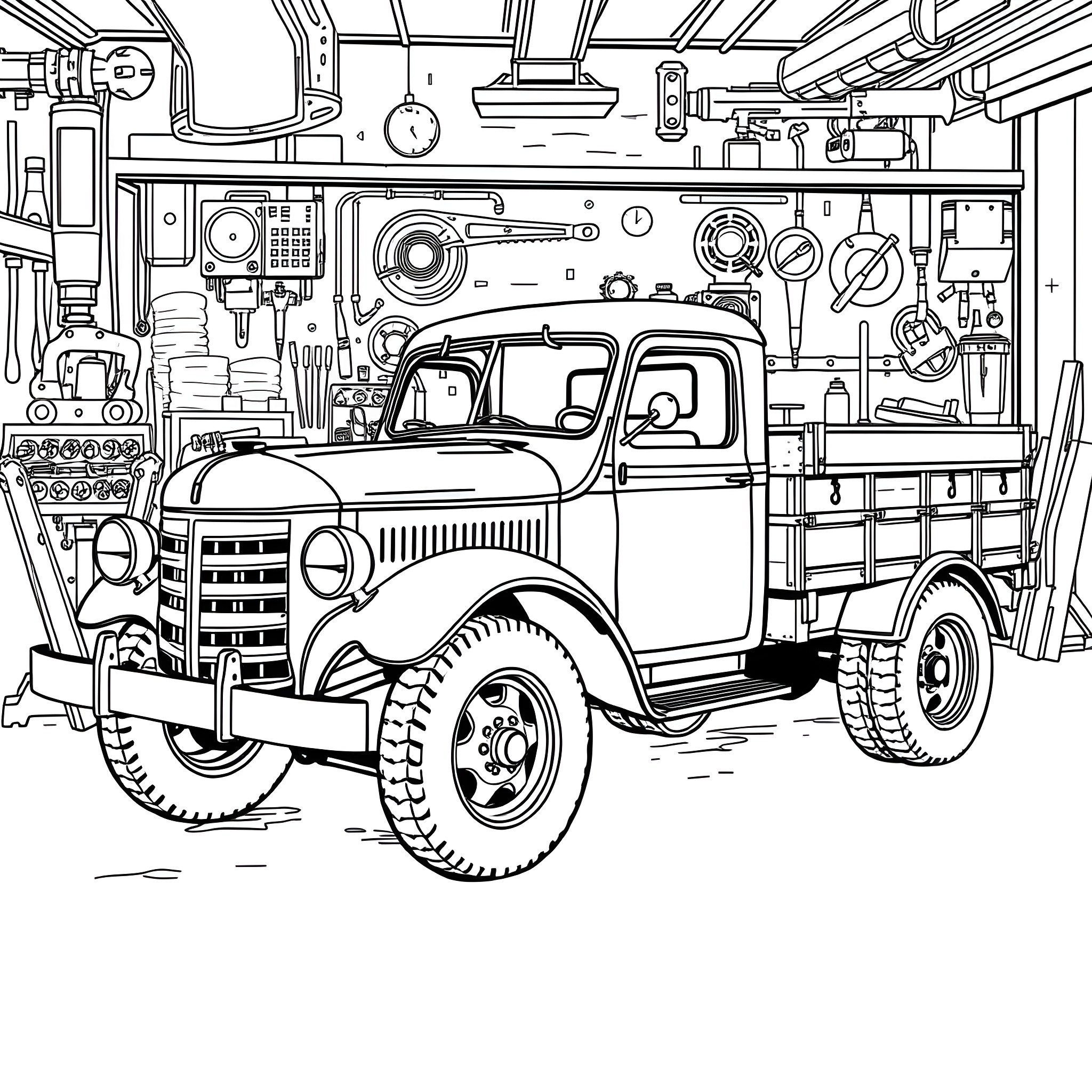 Flatbed truck in a workshop full of tools Coloring Page (free black-and-white line drawing printable PDF for all, from beginners to advanced learners, including children, teens, adults, and seniors)