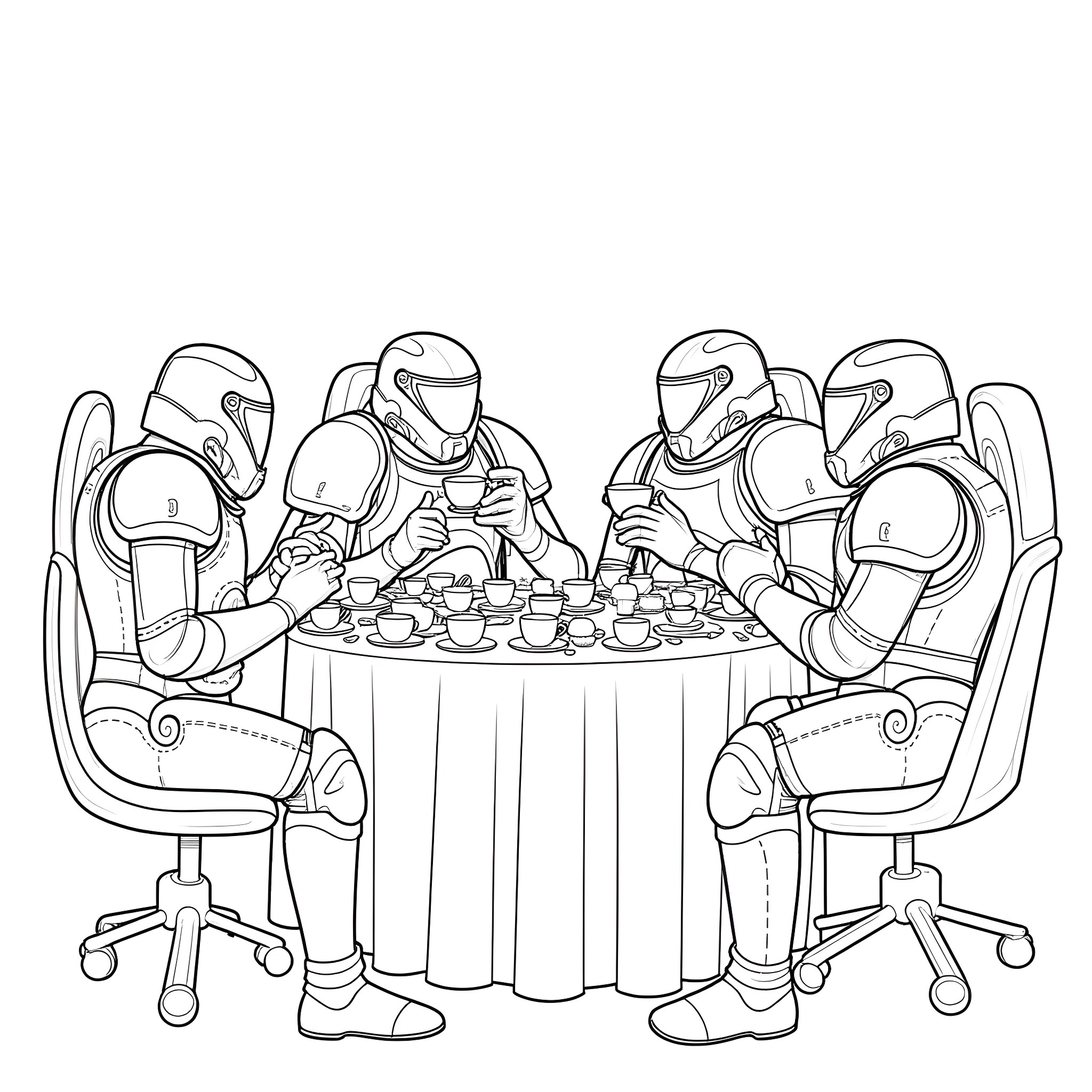 Space Marines enjoying a game of chess together Coloring Page (free black-and-white line drawing printable PDF for all, from beginners to advanced learners, including children, teens, adults, and seniors)