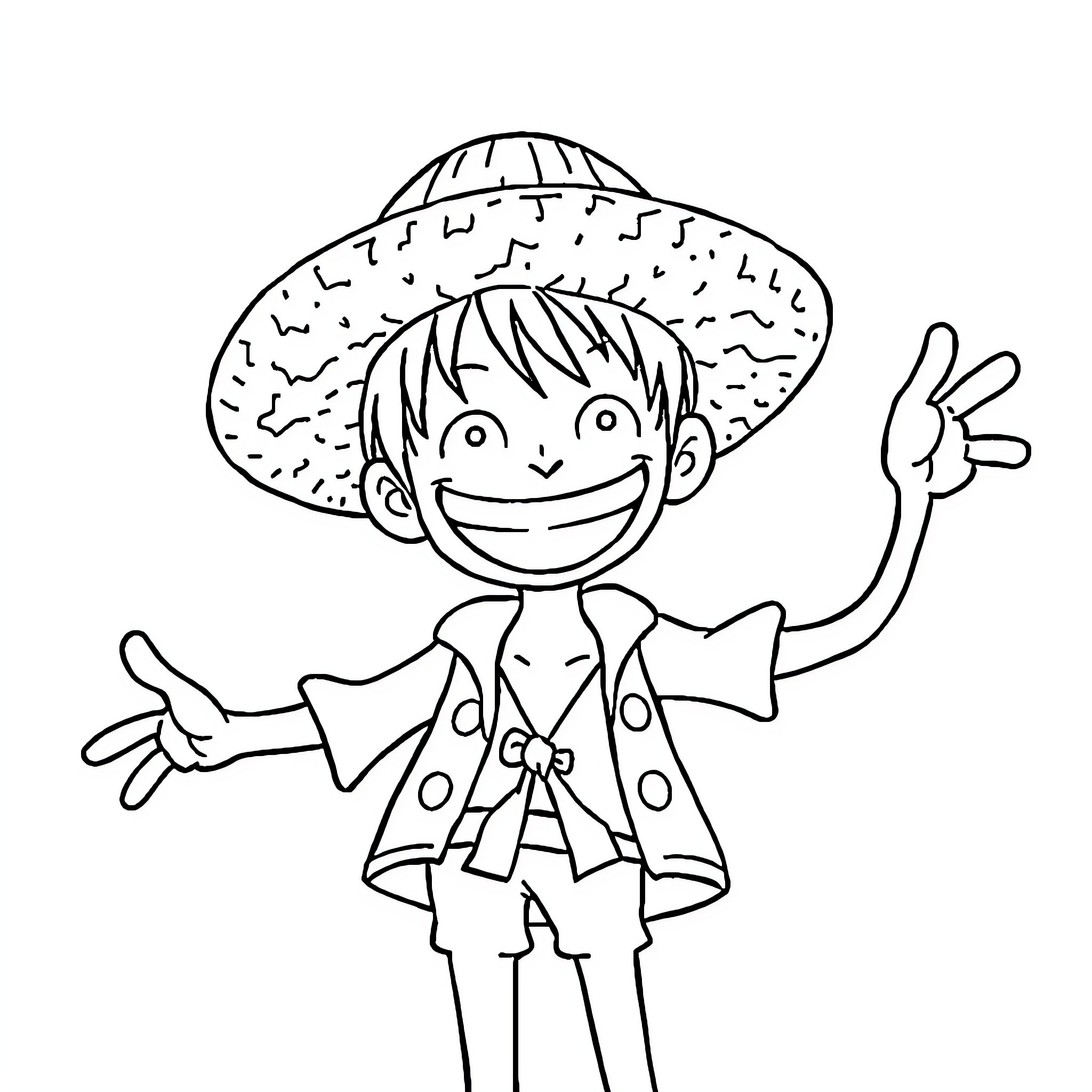 Monkey D Luffy making a cheerful expression Coloring Page (free black-and-white line drawing printable PDF for all, from beginners to advanced learners, including children, teens, adults, and seniors)