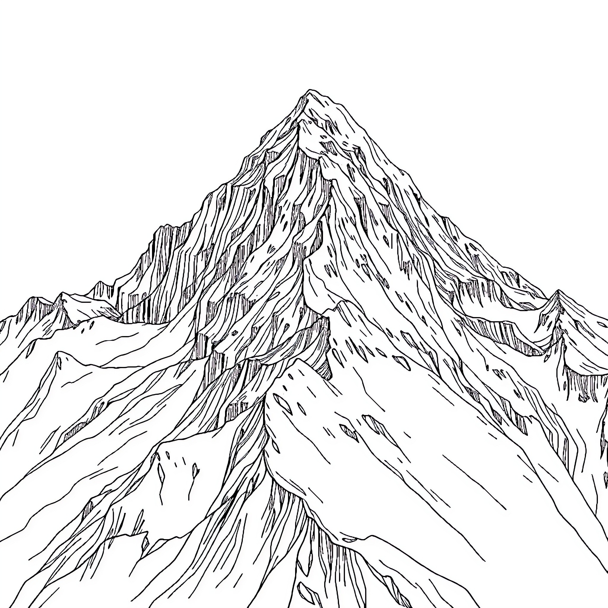 Mountain landscape with rugged peaks Coloring Page (free black-and-white line drawing printable PDF for all, from beginners to advanced learners, including children, teens, adults, and seniors)