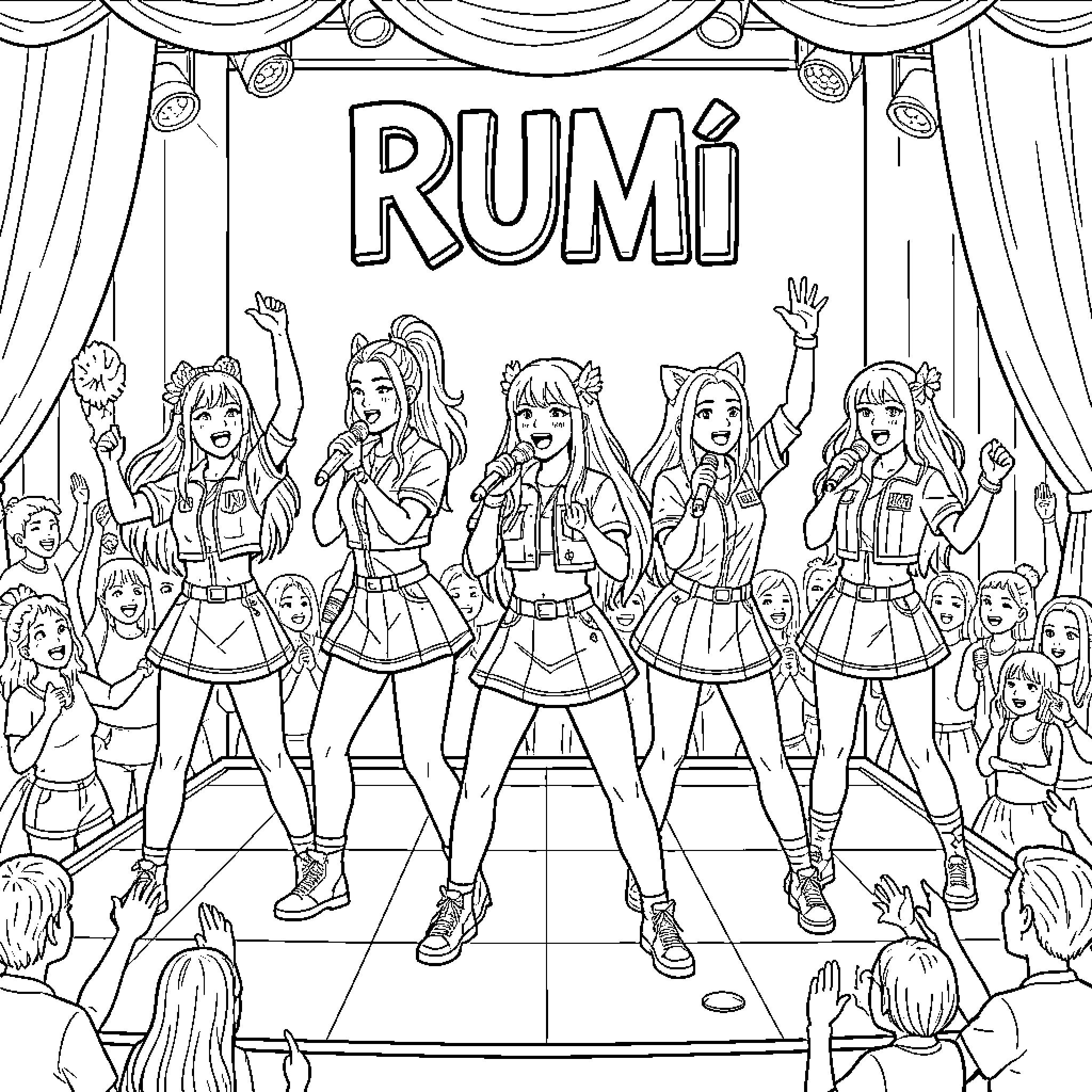 Guerrera idols performing energetically on a stage Coloring Page (free black-and-white line drawing printable PDF for all, from beginners to advanced learners, including children, teens, adults, and seniors)