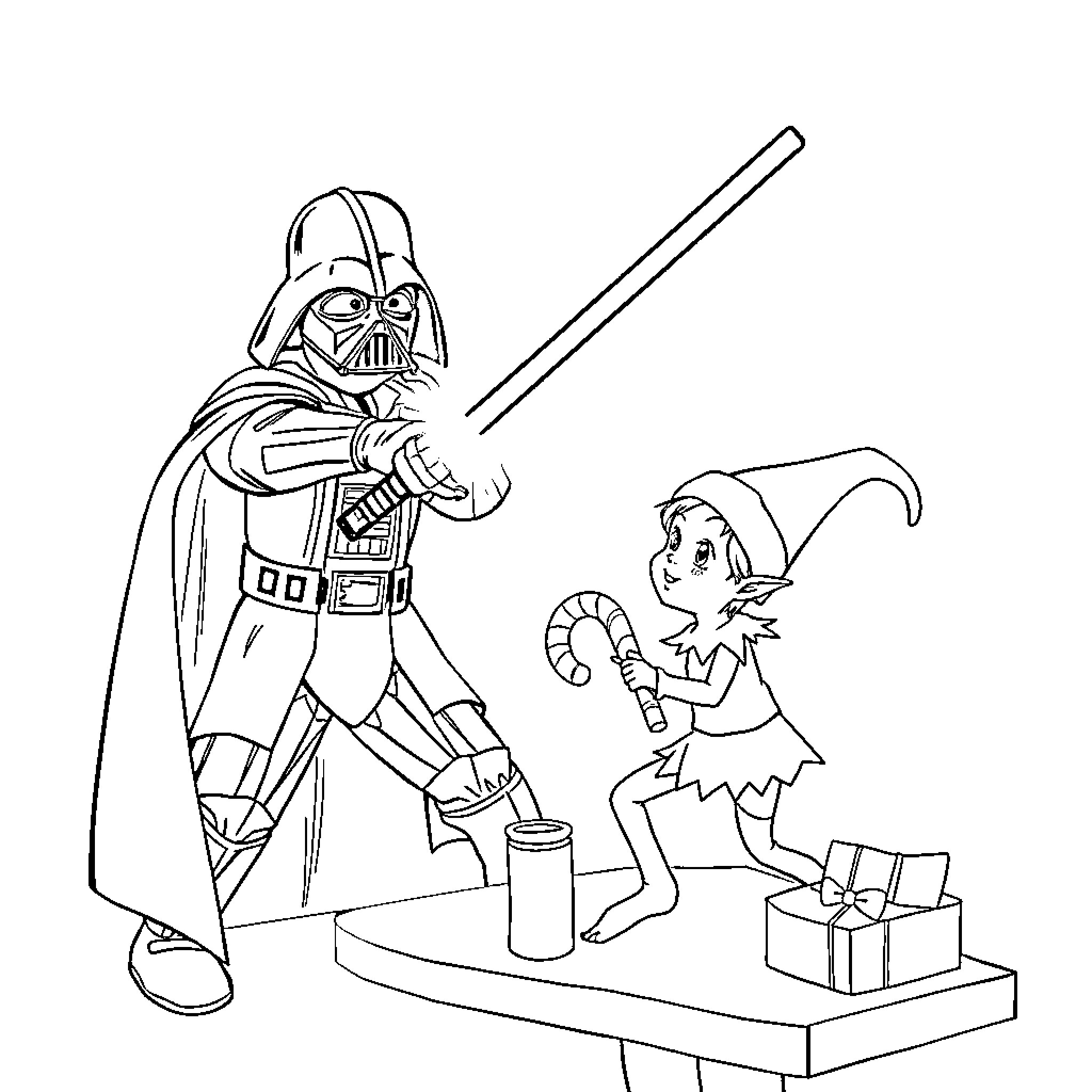 Darth Vader menacing an elf with lightsaber Coloring Page (free black-and-white line drawing printable PDF for all, from beginners to advanced learners, including children, teens, adults, and seniors)