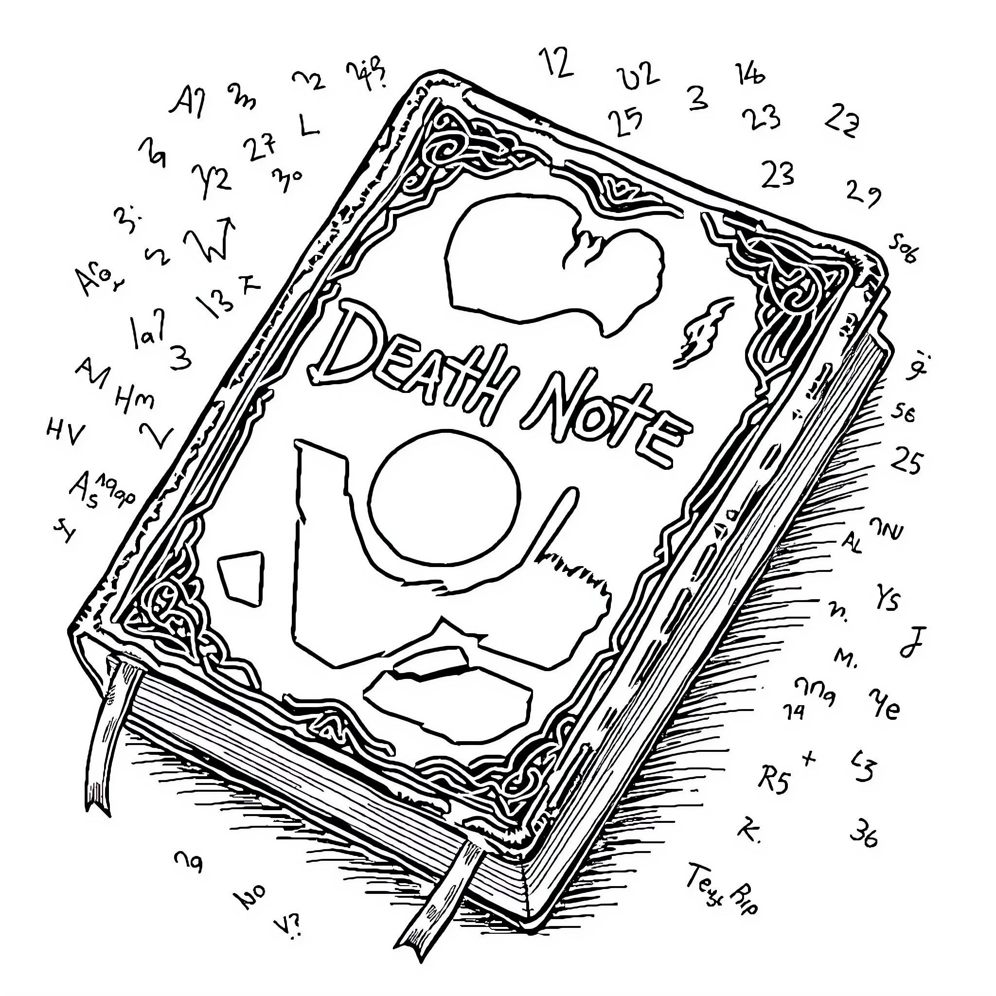 Death Note: Intricate Book with Ominous Imagery Coloring Page (free black-and-white line drawing printable PDF for all, from beginners to advanced learners, including children, teens, adults, and seniors)