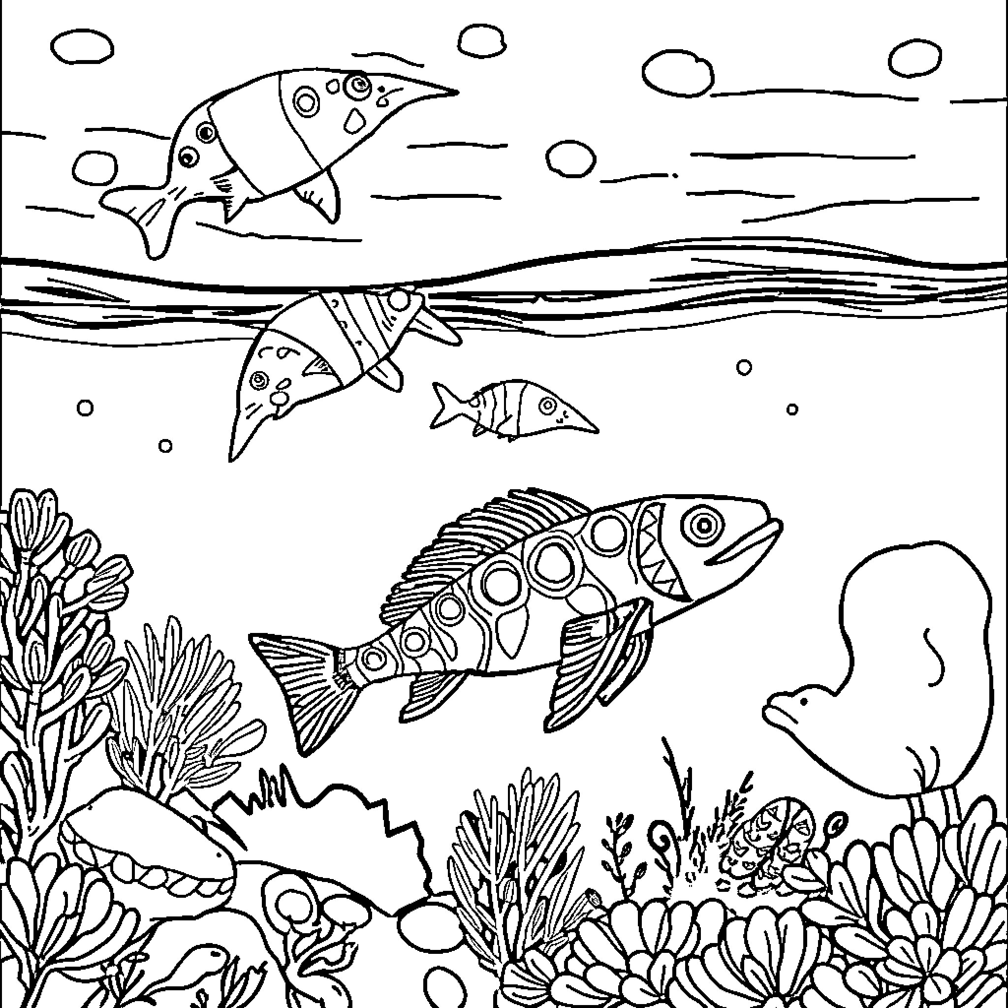 Sea Animals Swimming in Vibrant Underwater Scene Coloring Page (free black-and-white line drawing printable PDF for all, from beginners to advanced learners, including children, teens, adults, and seniors)