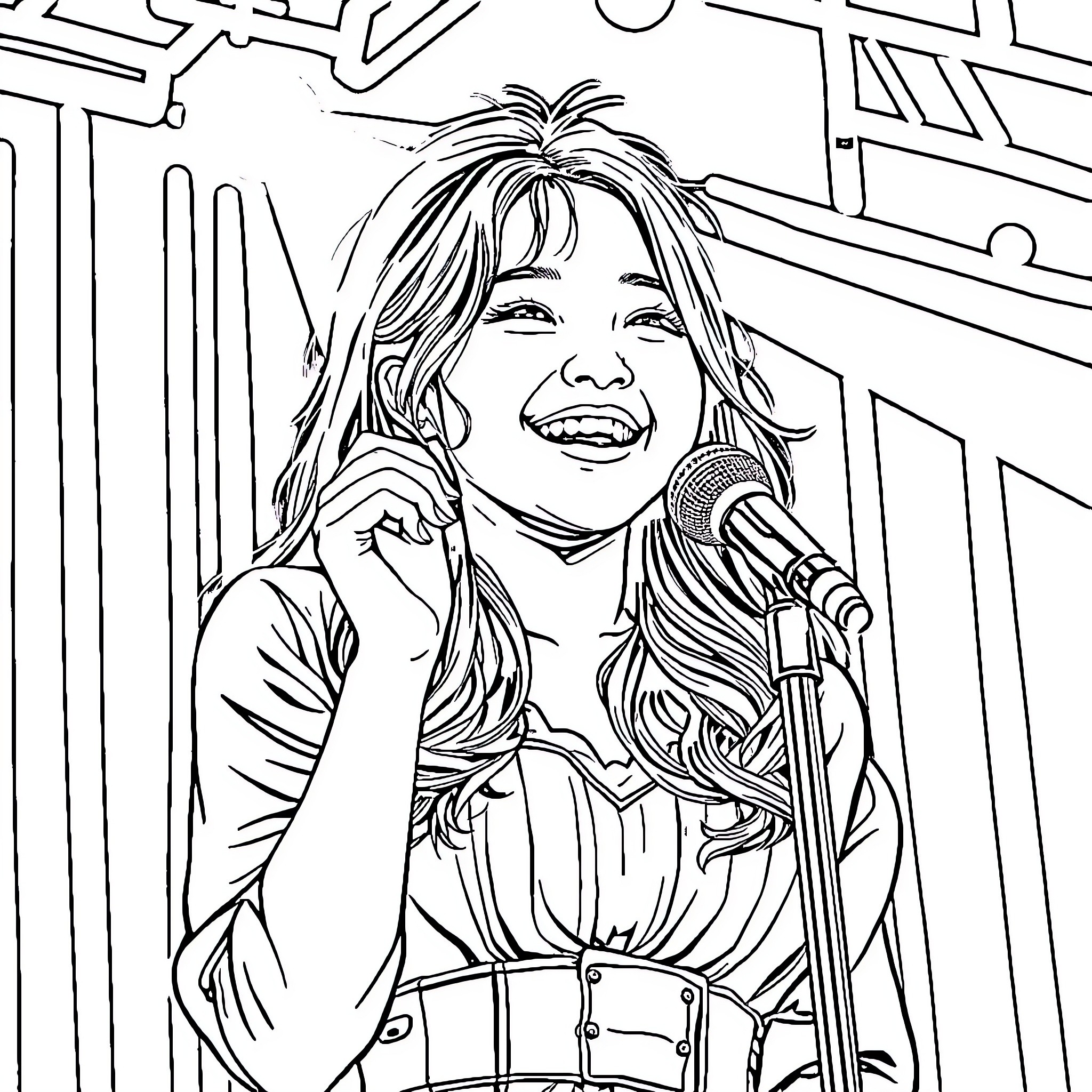 Chaeyoung singing joyfully on stage Coloring Page (free black-and-white line drawing printable PDF for all, from beginners to advanced learners, including children, teens, adults, and seniors)