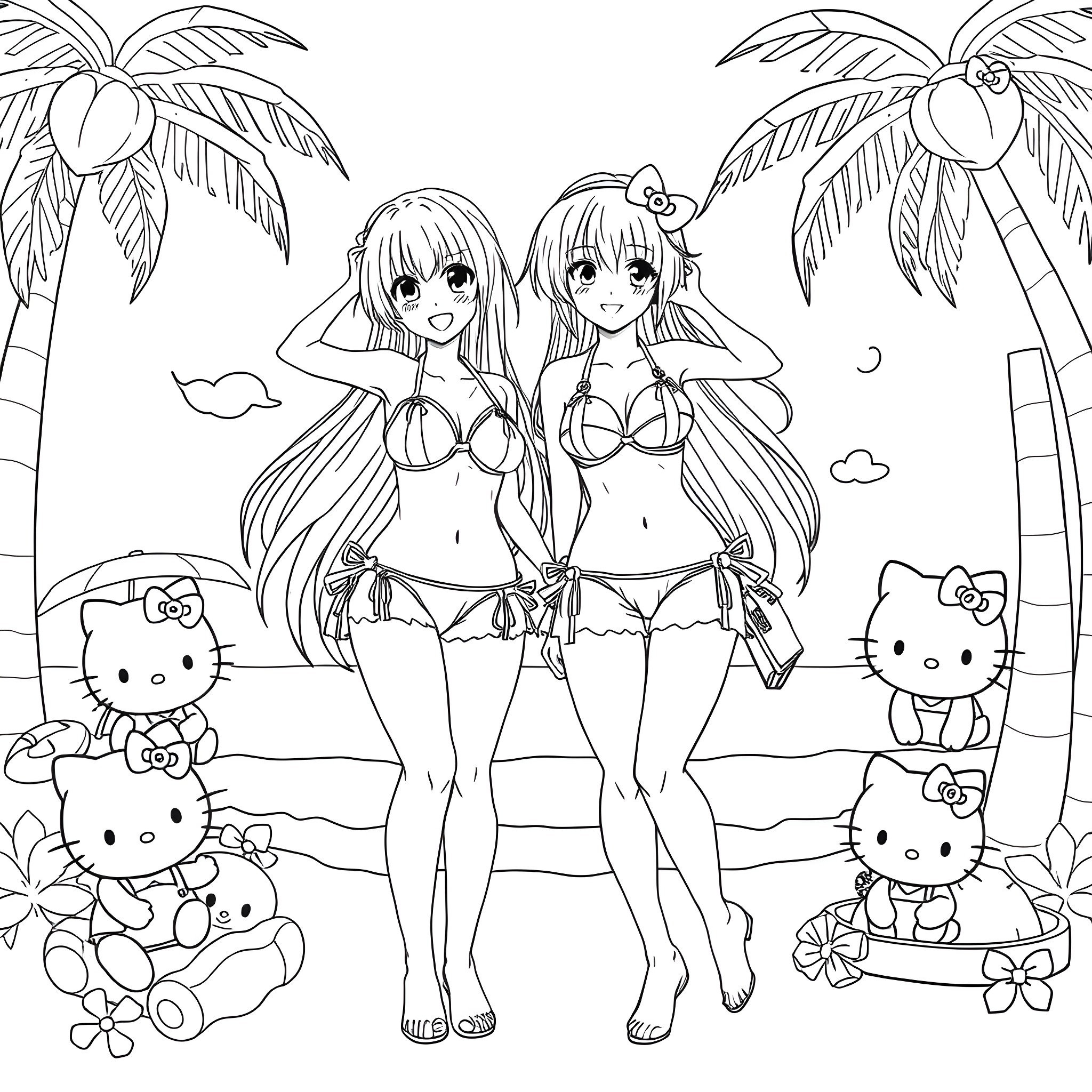 Manga Girls Enjoying Beach Vacation Coloring Page (free black-and-white line drawing printable PDF for all, from beginners to advanced learners, including children, teens, adults, and seniors)
