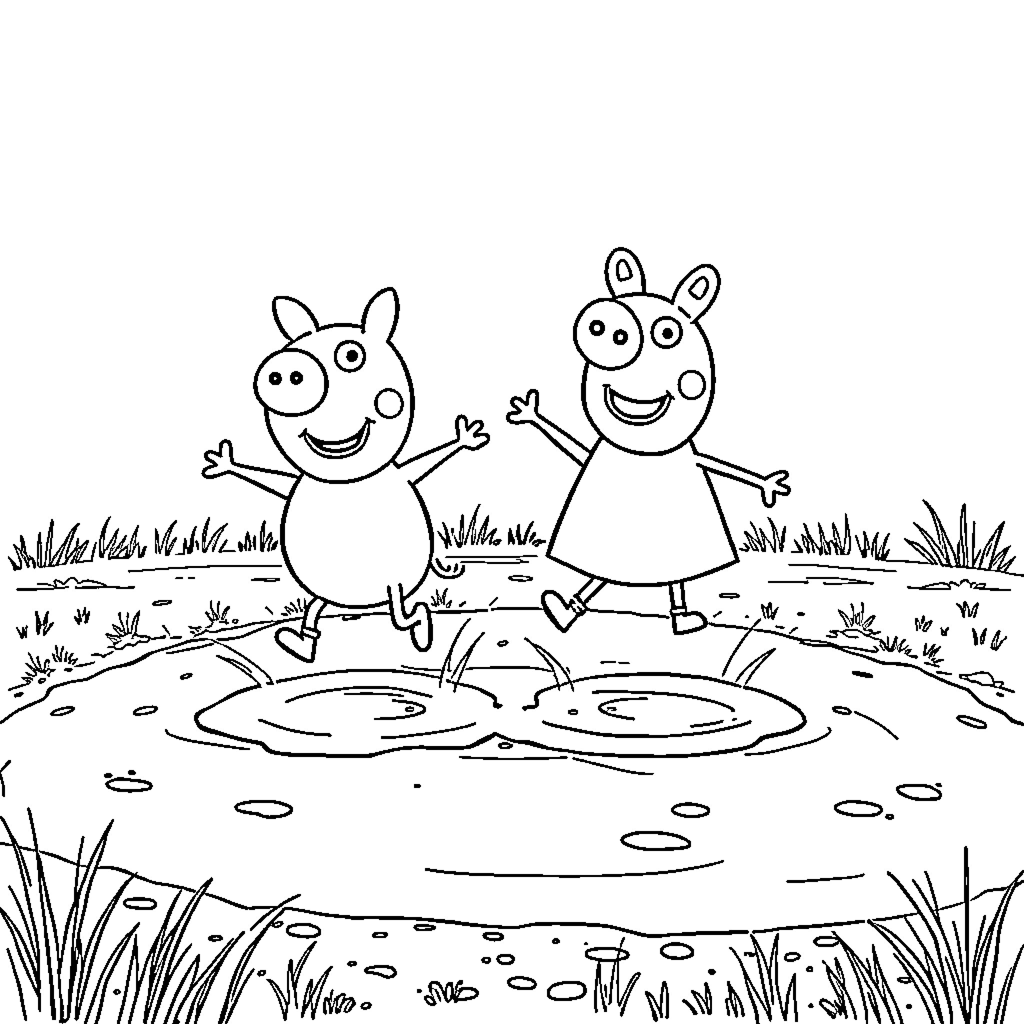 Bluey and Bingo playing in a puddle Coloring Page (free black-and-white line drawing printable PDF for all, from beginners to advanced learners, including children, teens, adults, and seniors)