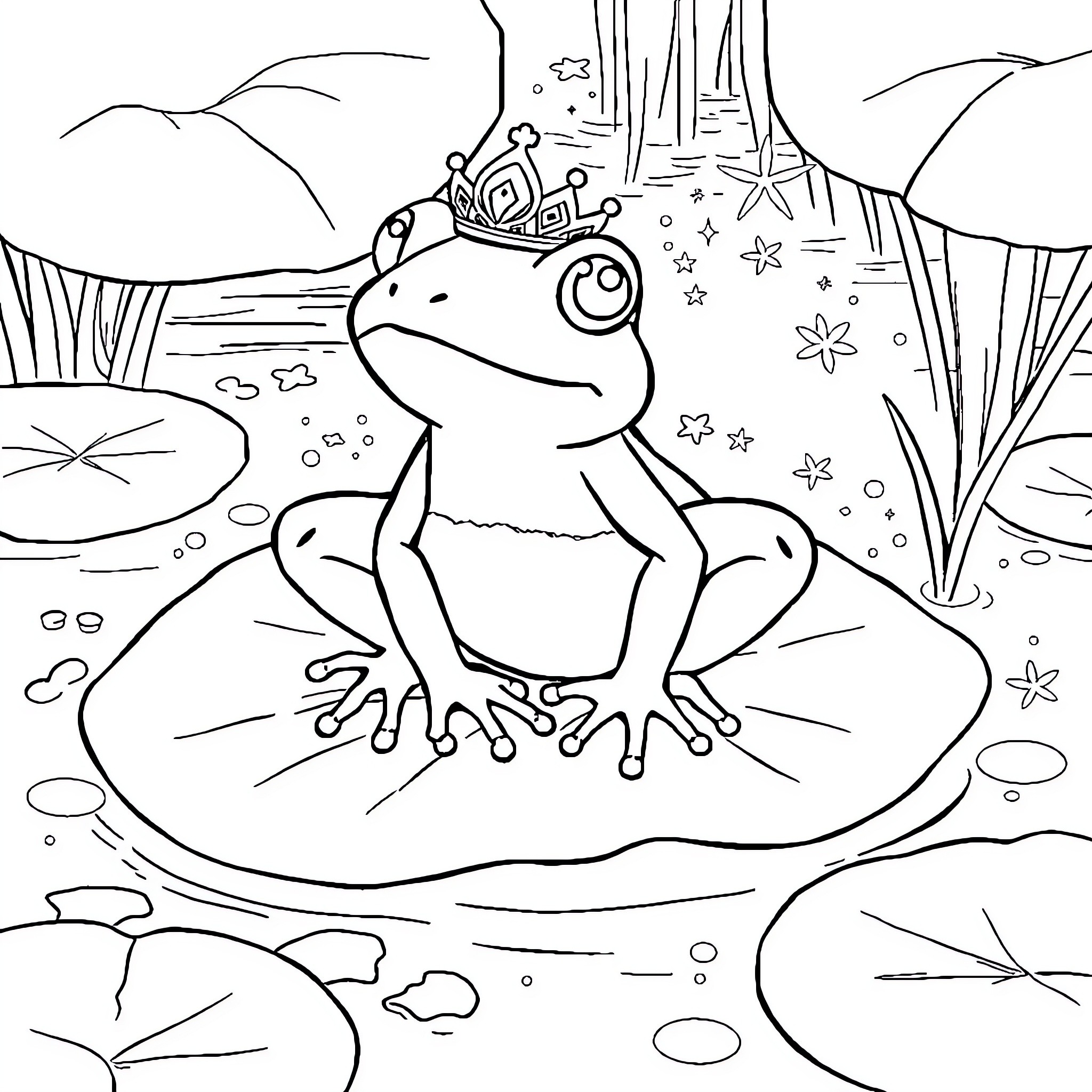 Frog resting on a lily pad in a magical forest Coloring Page (free black-and-white line drawing printable PDF for all, from beginners to advanced learners, including children, teens, adults, and seniors)
