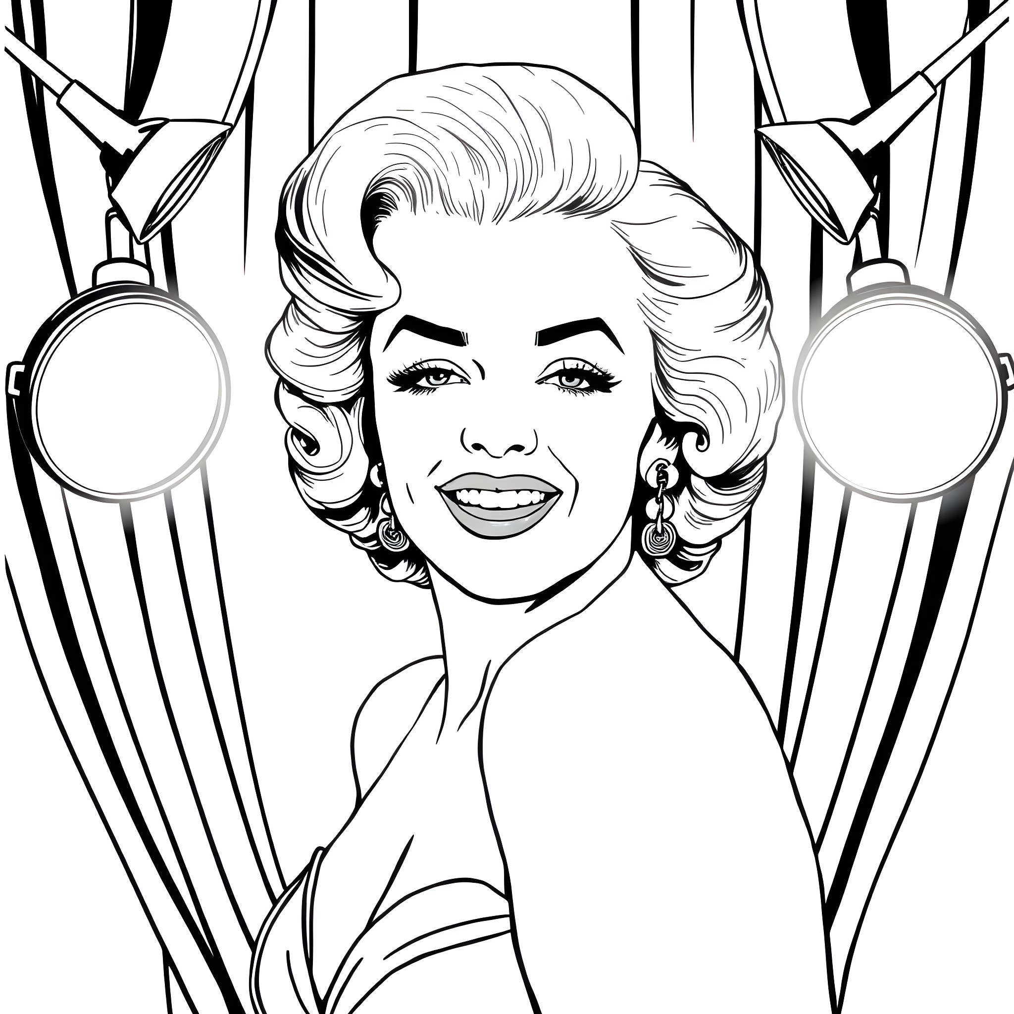 Marilyn Monroe's Glamorous Portrait Coloring Page (free black-and-white line drawing printable PDF for all, from beginners to advanced learners, including children, teens, adults, and seniors)