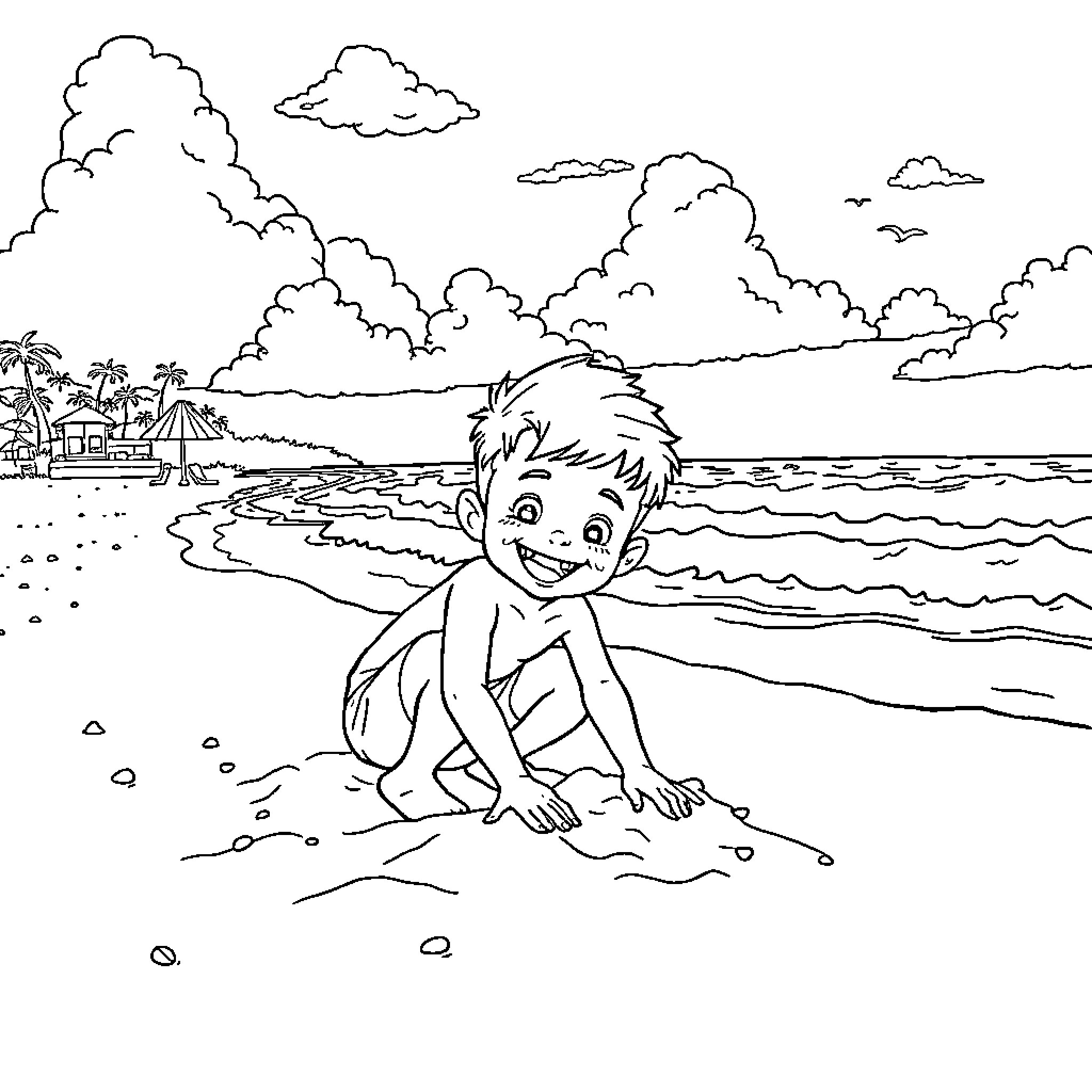 Boy playing happily on the beach with ocean view Coloring Page (free black-and-white line drawing printable PDF for all, from beginners to advanced learners, including children, teens, adults, and seniors)