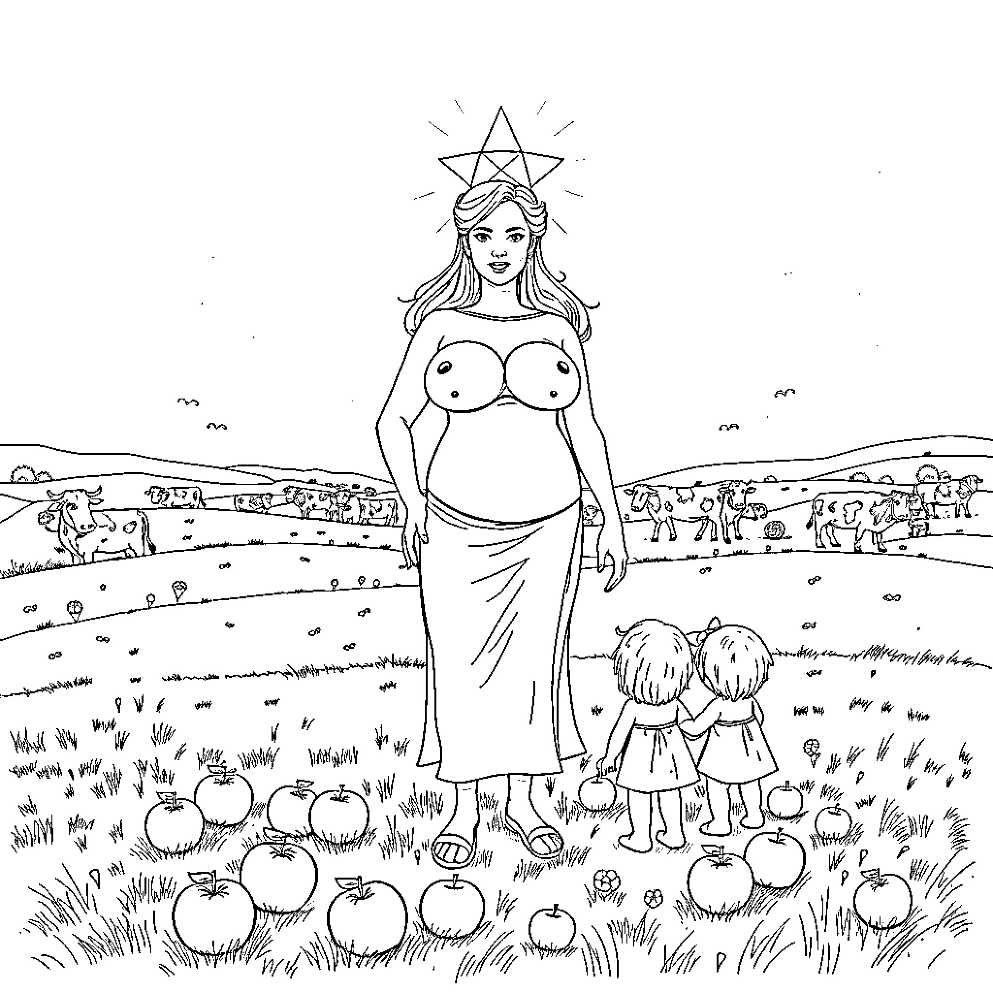 Lady in Star-Adorned Dress Surrounded by Children and Apples Coloring Page (free black-and-white line drawing printable PDF for all, from beginners to advanced learners, including children, teens, adults, and seniors)